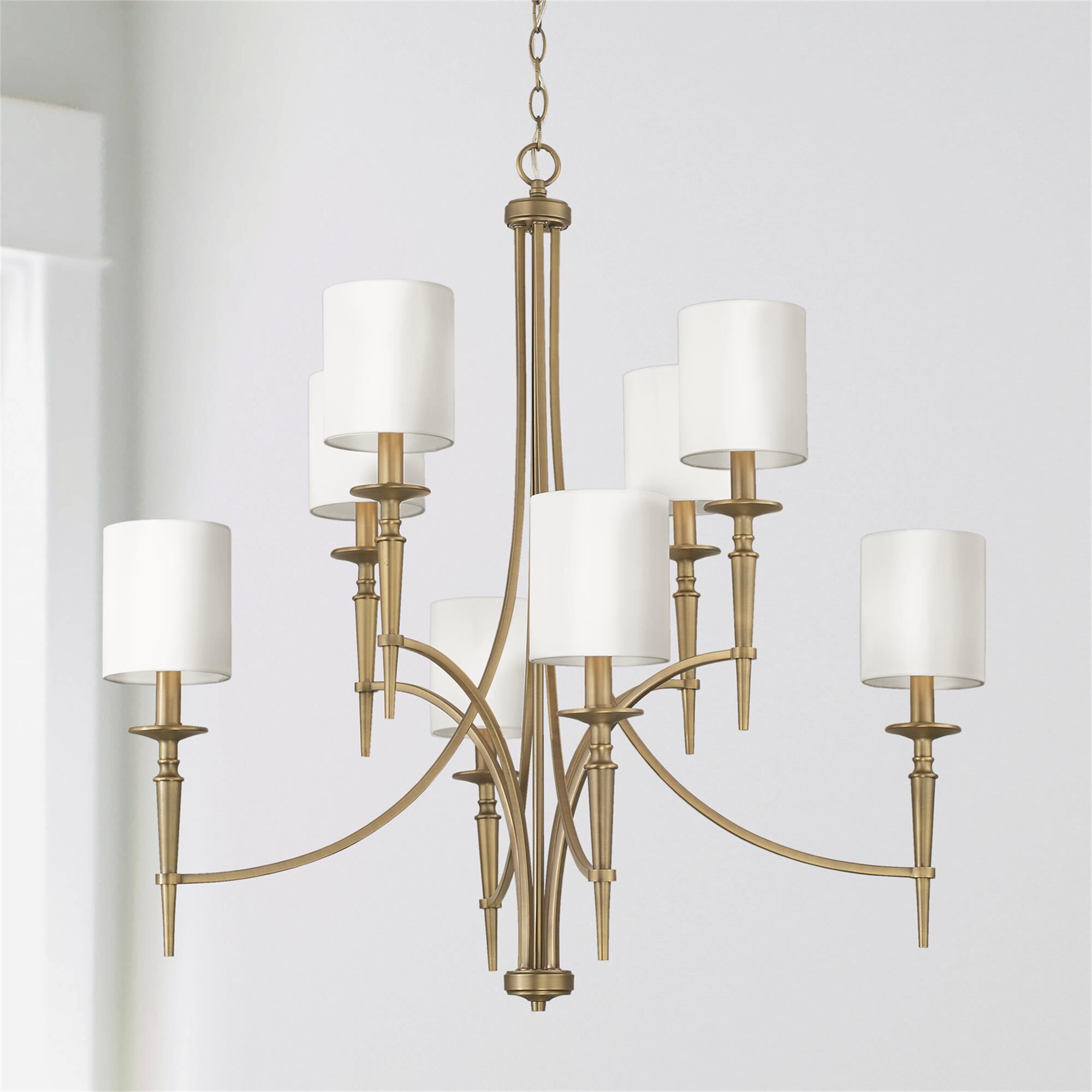 Shown in Aged Brass finish and 701 glass and White Fabric Stay-Straight s shade