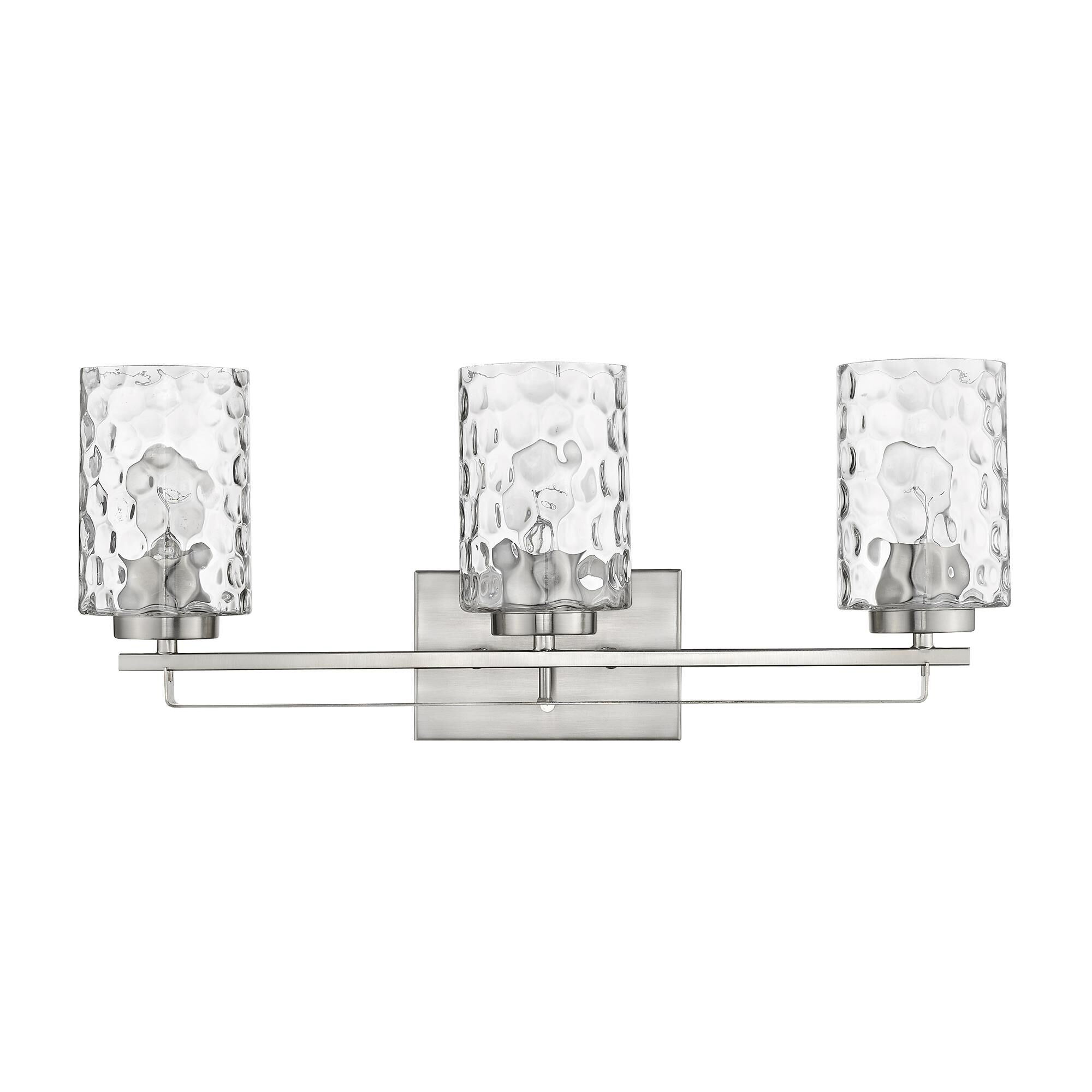 Shown in Satin Nickel finish and Clear glass and Clear, Optic Cylindrical Glass shade