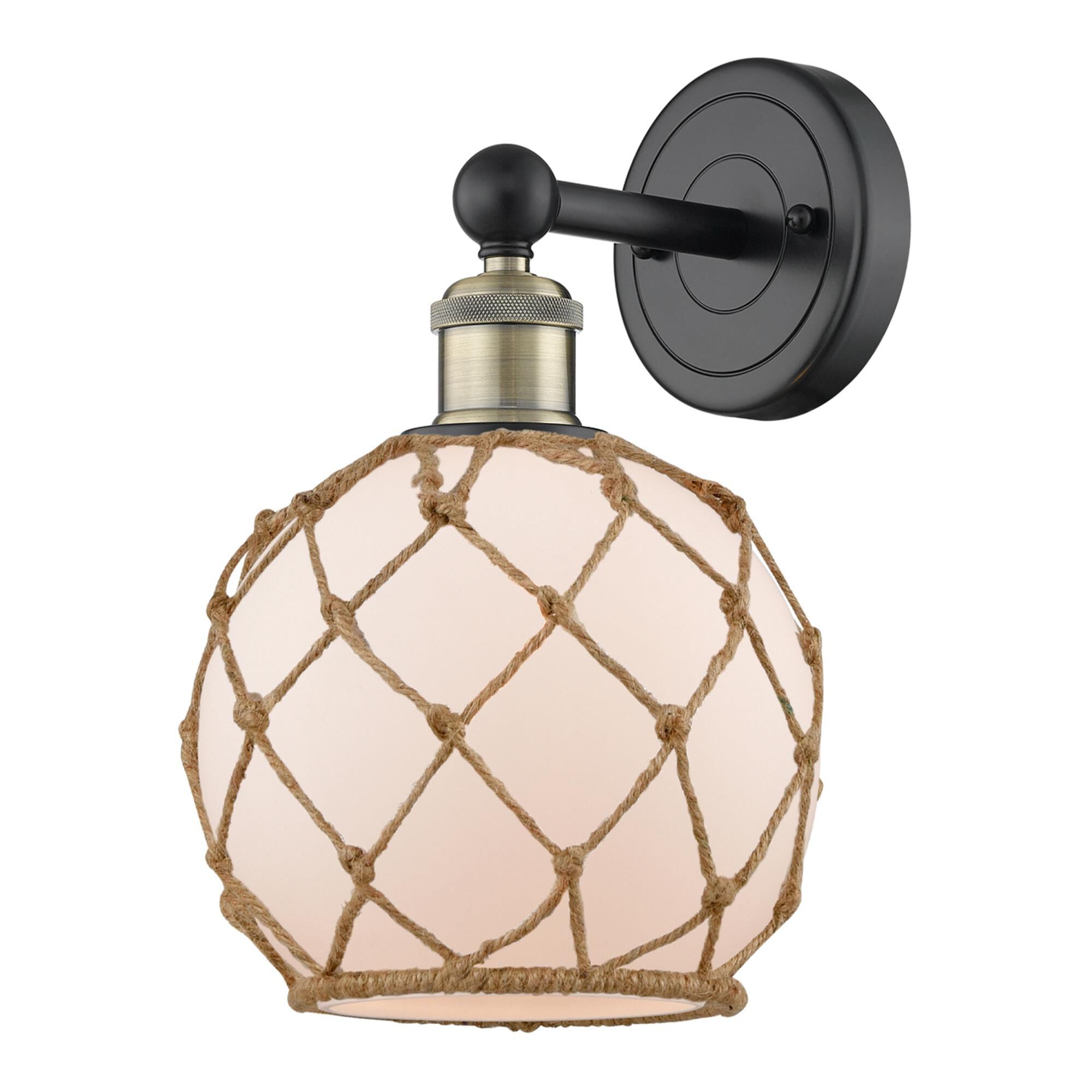 Shown in Black Antique Brass finish and White with Brown Rope glass