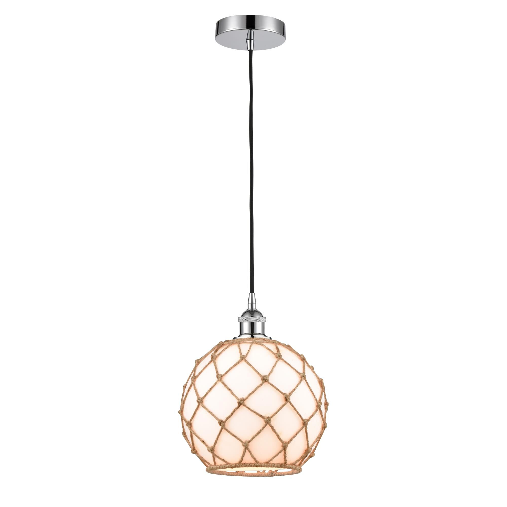 Shown in Polished Chrome finish and White Large Farmhouse With Brown Rope glass