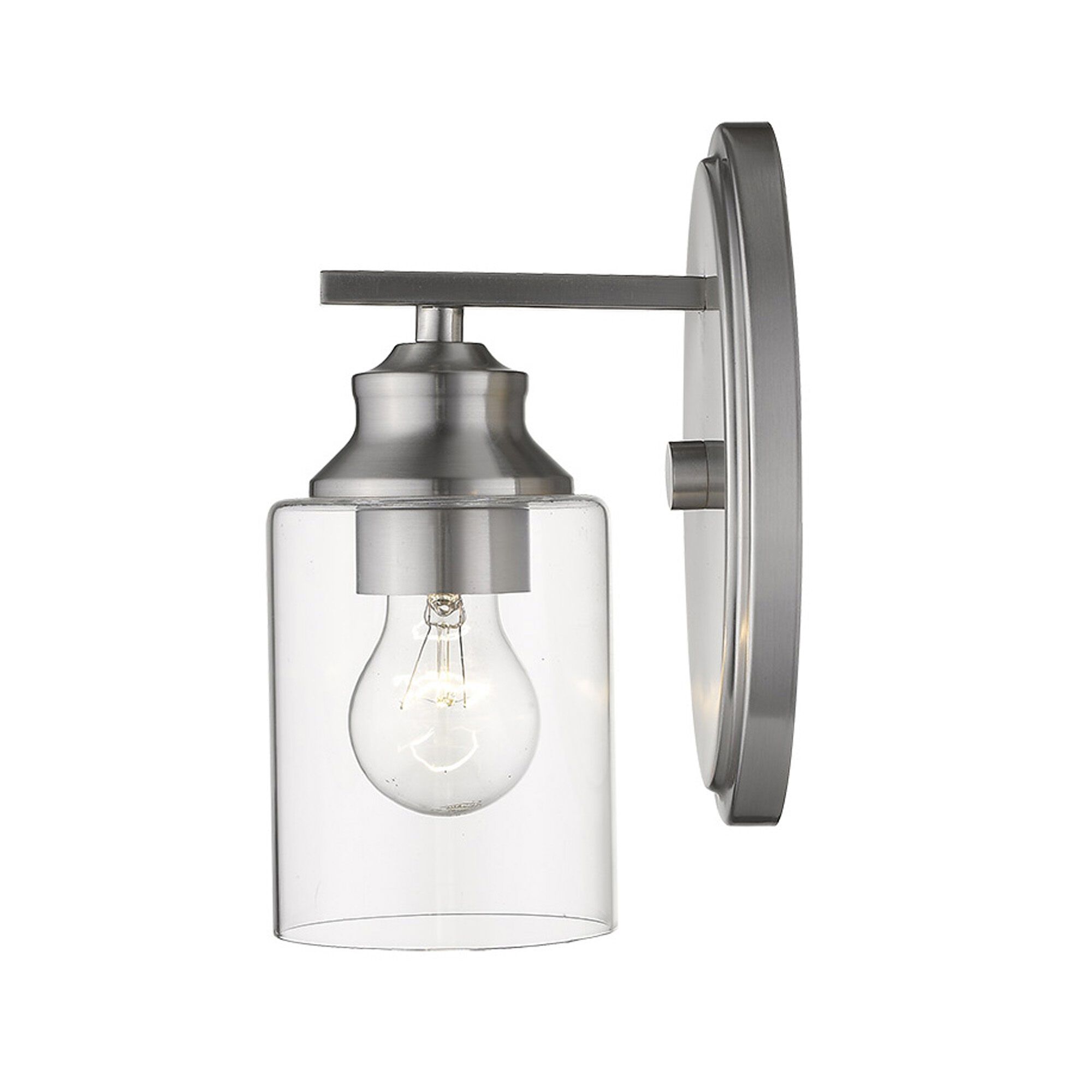Shown in Satin Nickel finish and Clear glass and Clear, Cylindrical Glass shade