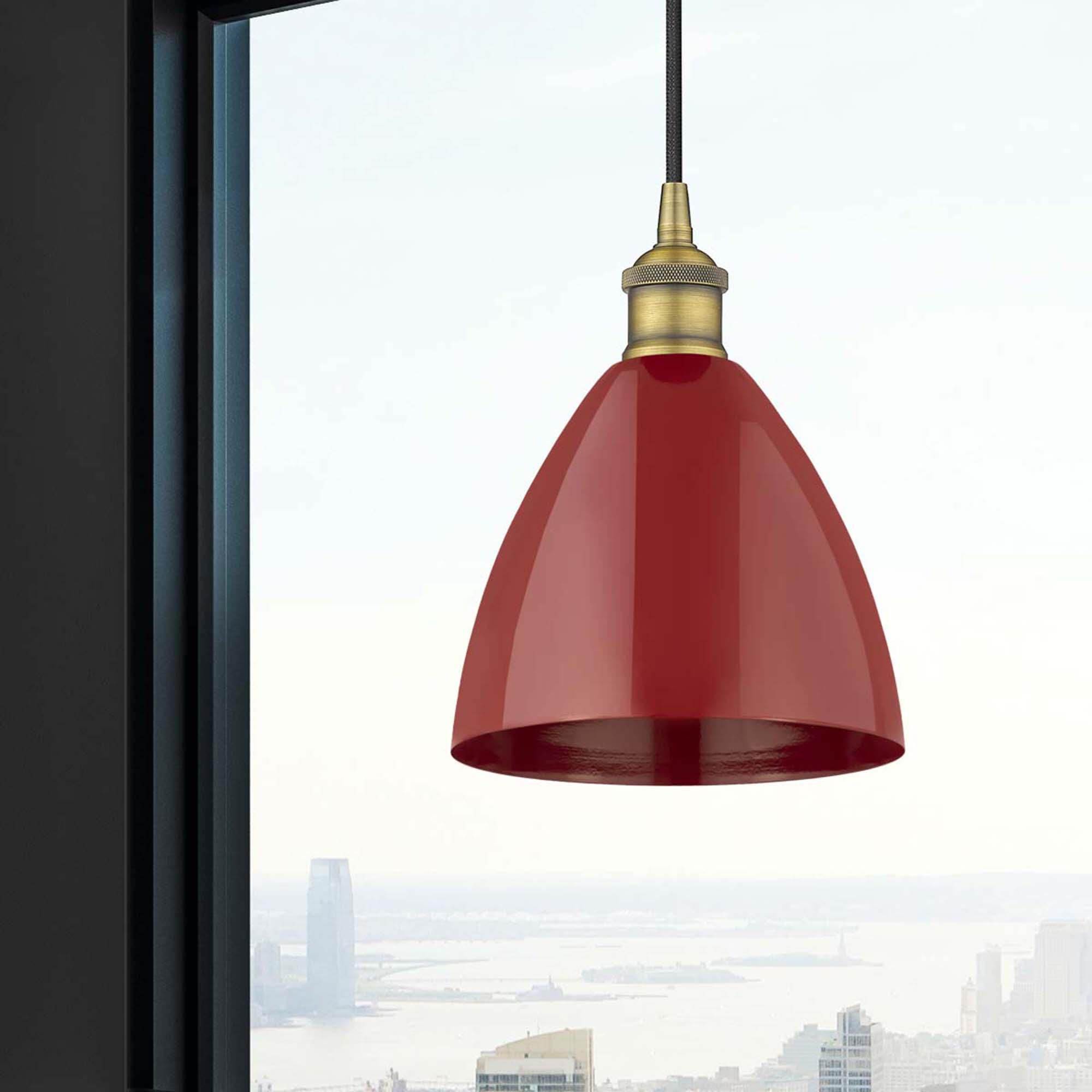 Shown in Brushed Brass finish and Red Plymouth Dome shade