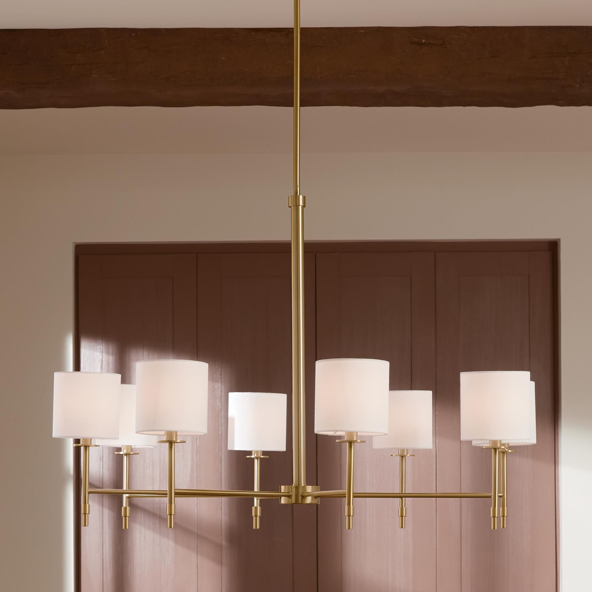 Shown in Brushed Natural Brass finish and Fabric and Drum shade