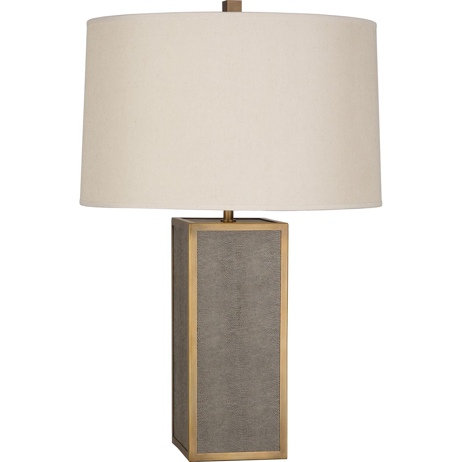 Shown in Faux Brown Snakeskin Wrapped Base With Aged Brass Accents finish and Taupe Dupoini Fabric shade