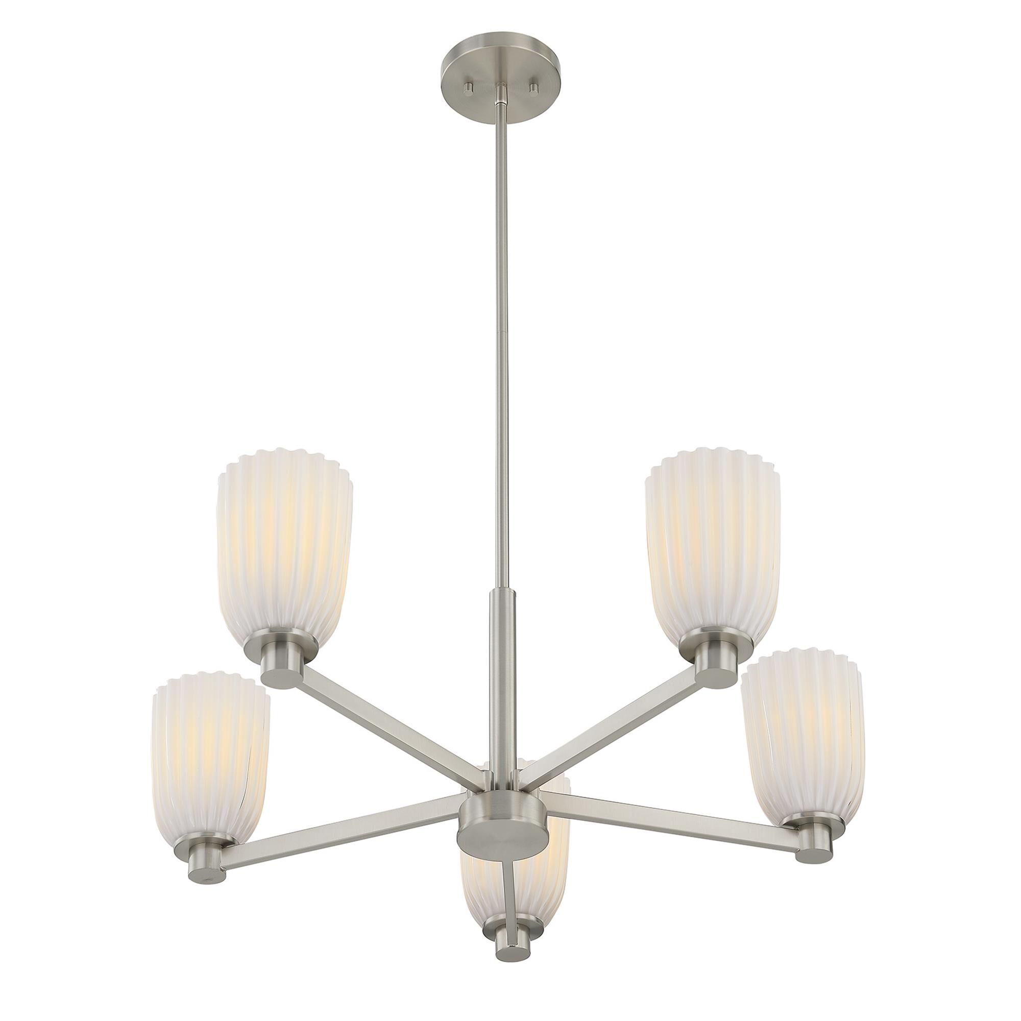 Shown in Satin Nickel finish and White Opal Ribbed glass