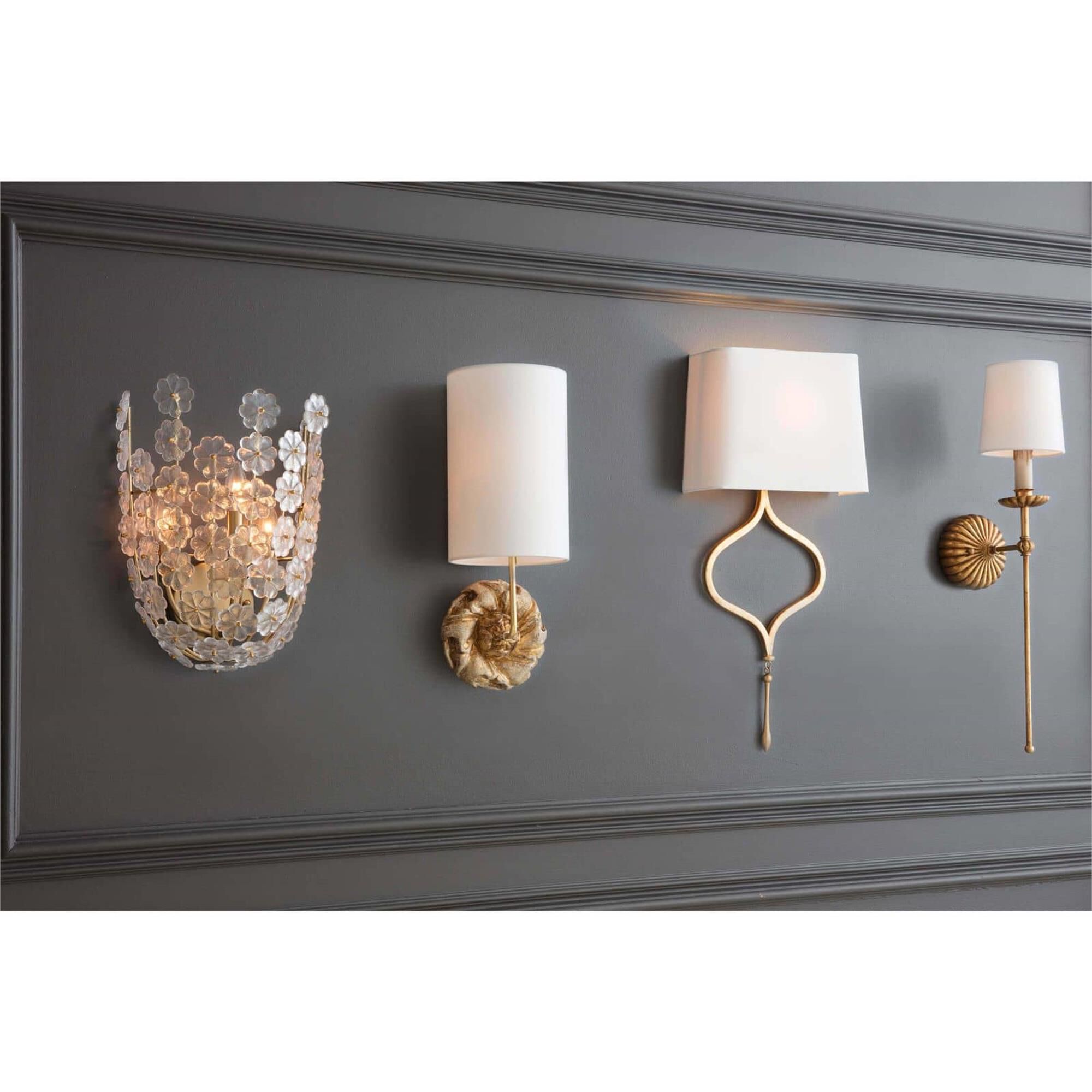 Shown in Antique Gold Leaf finish and Linen shade