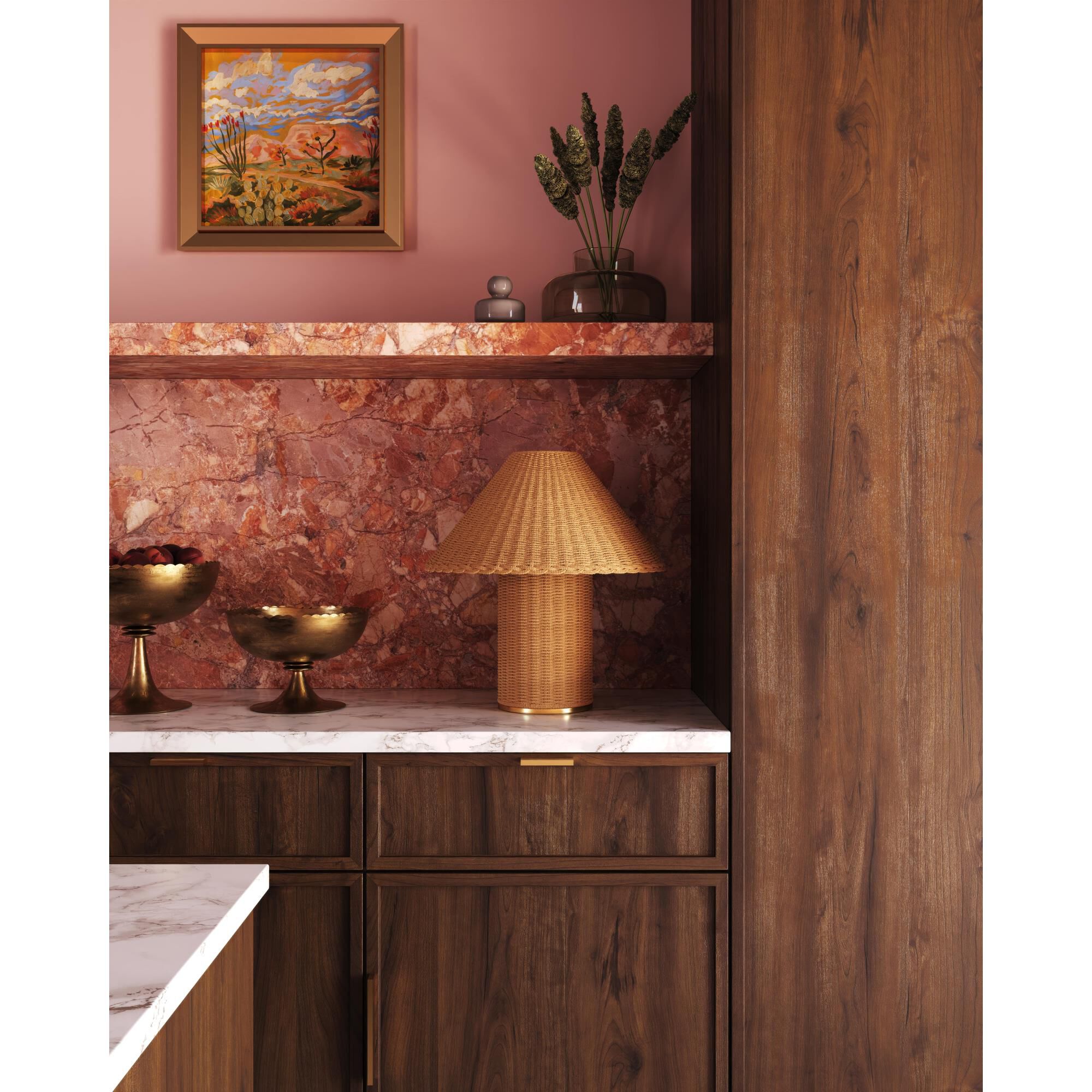 Shown in Aged Brass finish and Light Natural Wicker shade