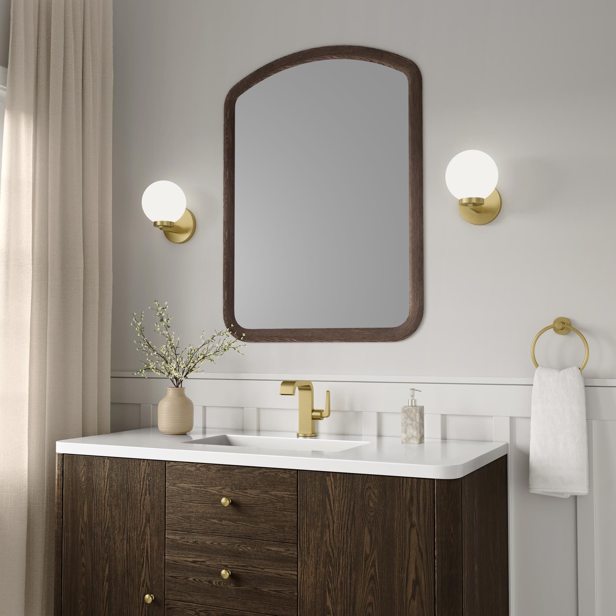 Shown in Vintage Brass finish and Shiny Opal glass