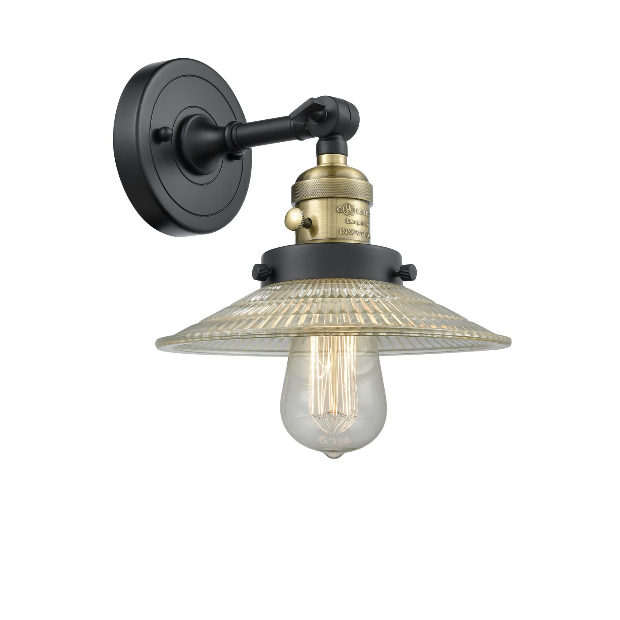 Shown in Black Antique Brass finish and Clear Halophane glass and Switch on Socket accent