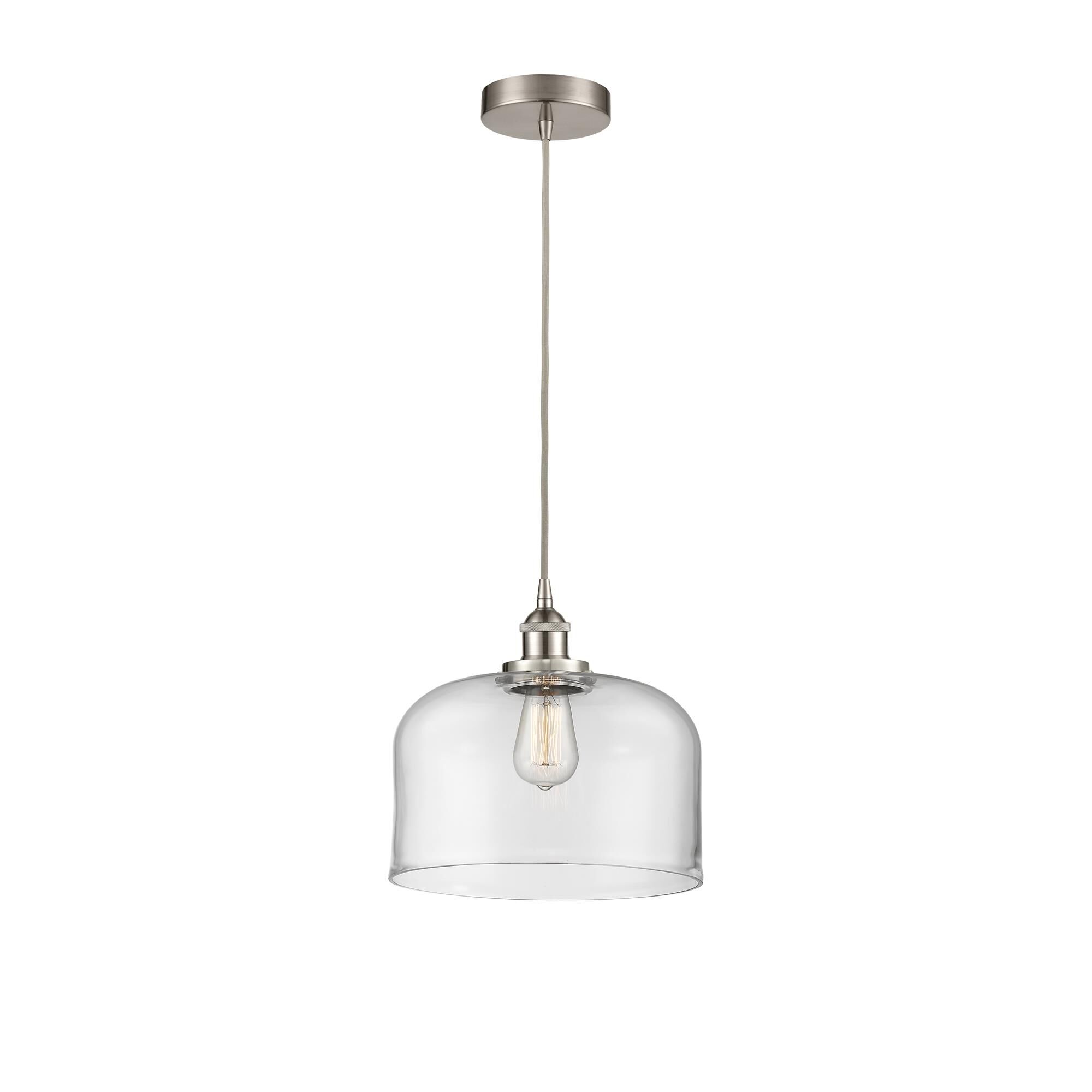 Shown in Brushed Satin Nickel finish and Clear X-Large Bell glass