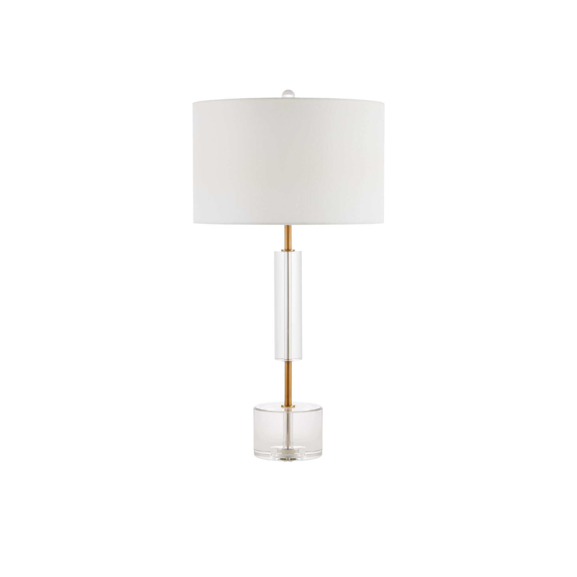 Shown in Clear, Antique Brass finish and Off-White Fine Linen shade