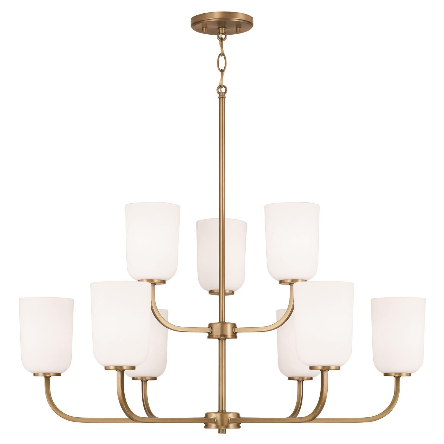 Shown in Aged Brass finish and Soft White glass