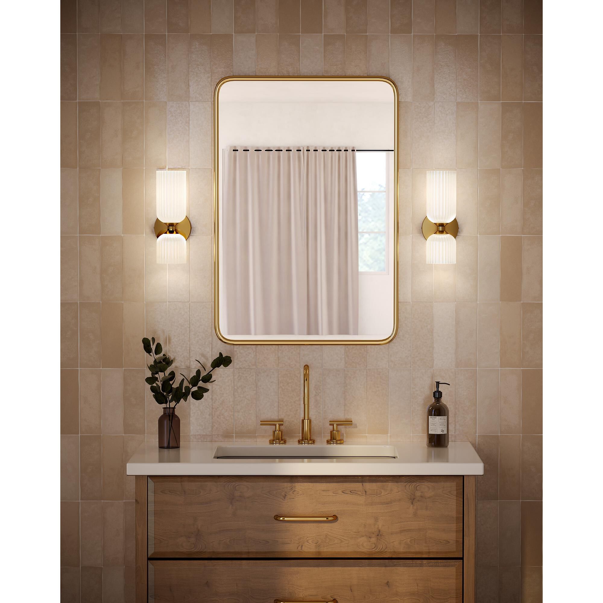 Shown in Brushed Gold finish and Glossy Opal Ribbed glass
