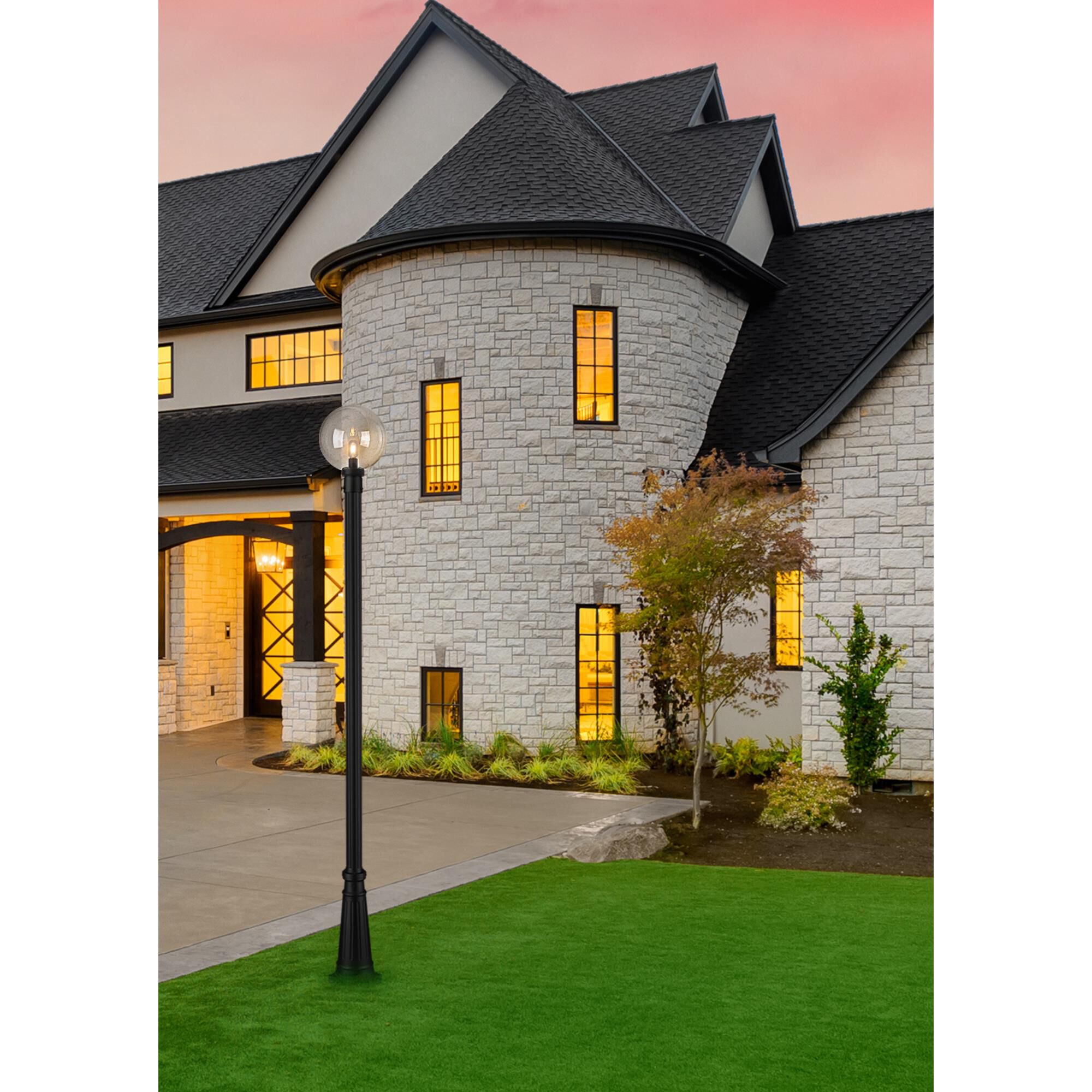 Shown in Black finish and Clear Seedy glass