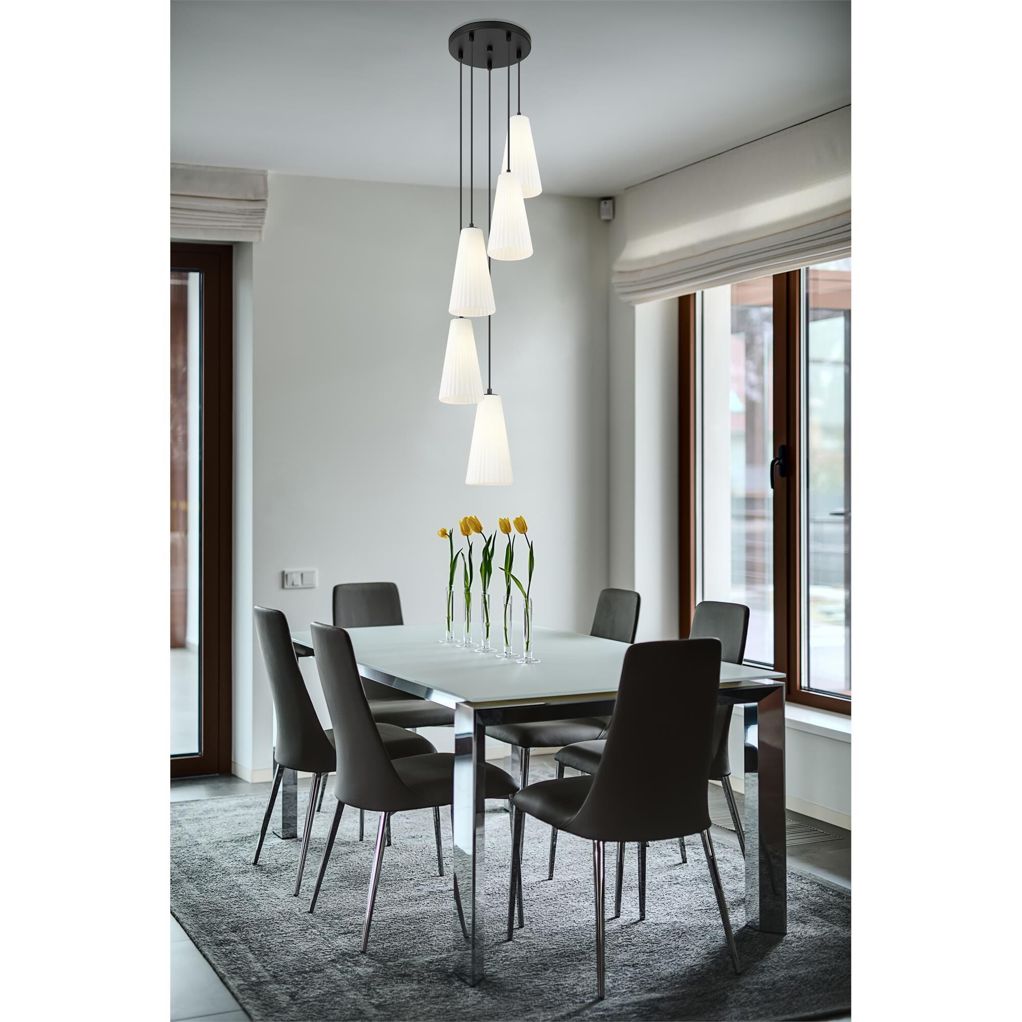 Shown in Matte Black finish and White glass and White shade