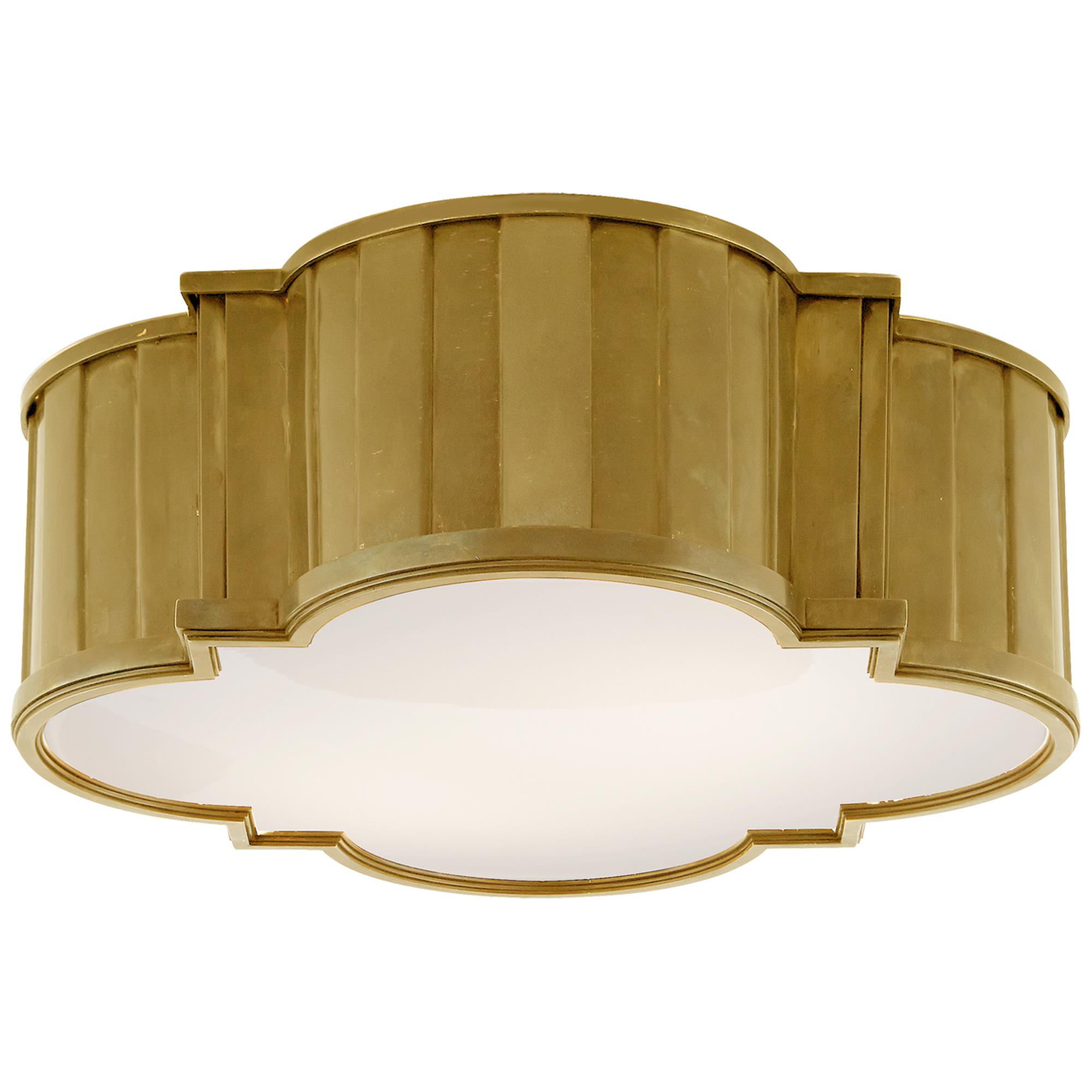 Shown in Hand-Rubbed Antique Brass finish and White glass