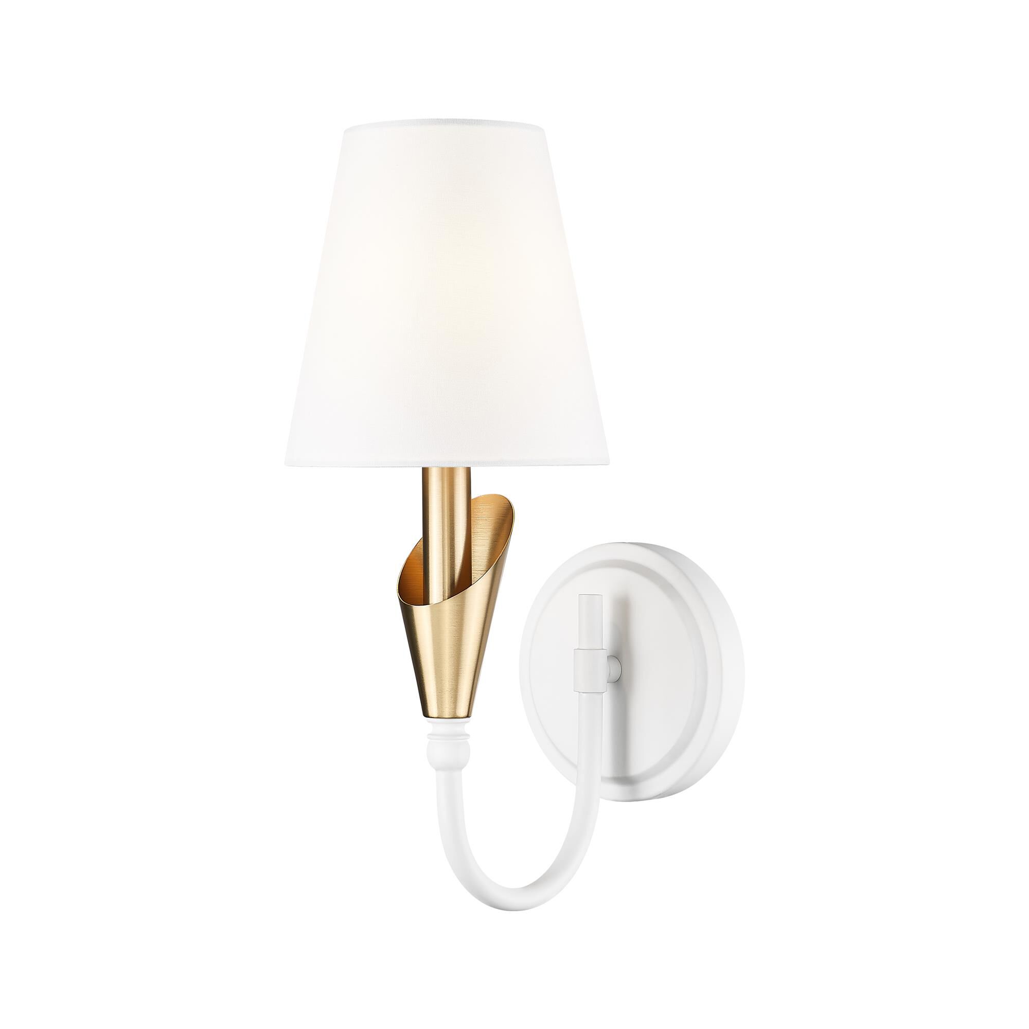 Shown in Textured White And Modern Gold finish and White glass and White shade