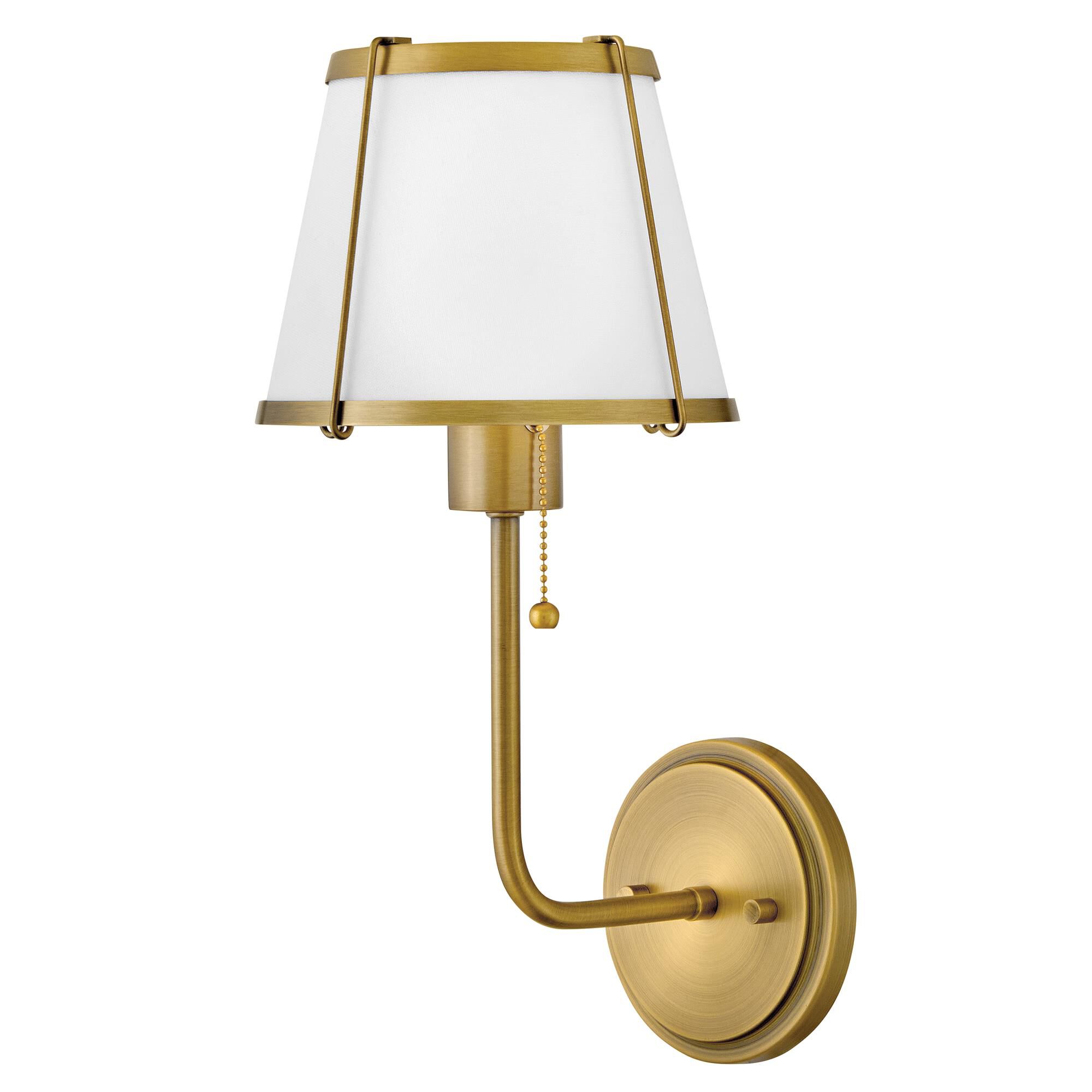 Shown in Lacquered Dark Brass finish and Off-White Linen shade