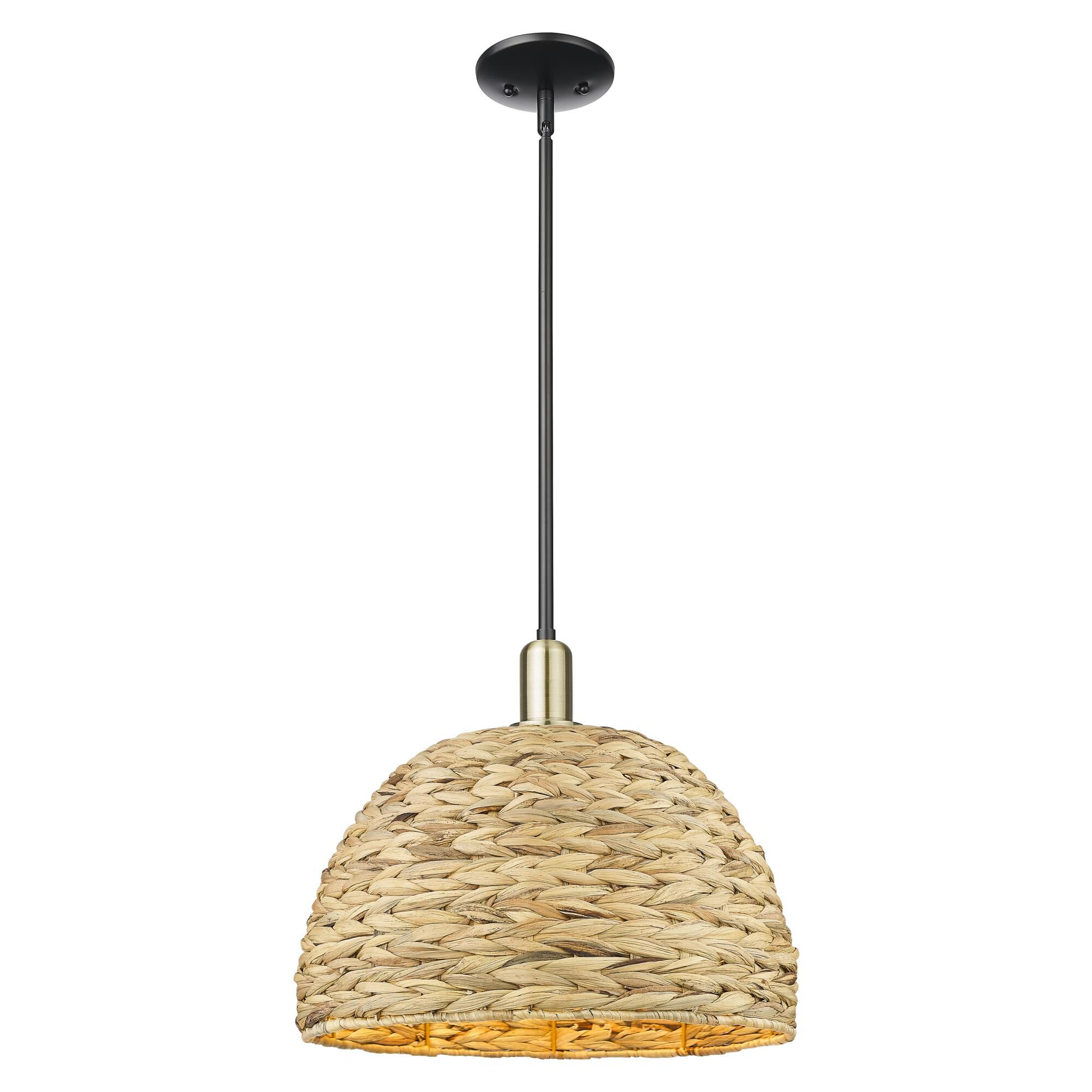 Shown in Black Antique Brass finish and Natural shade