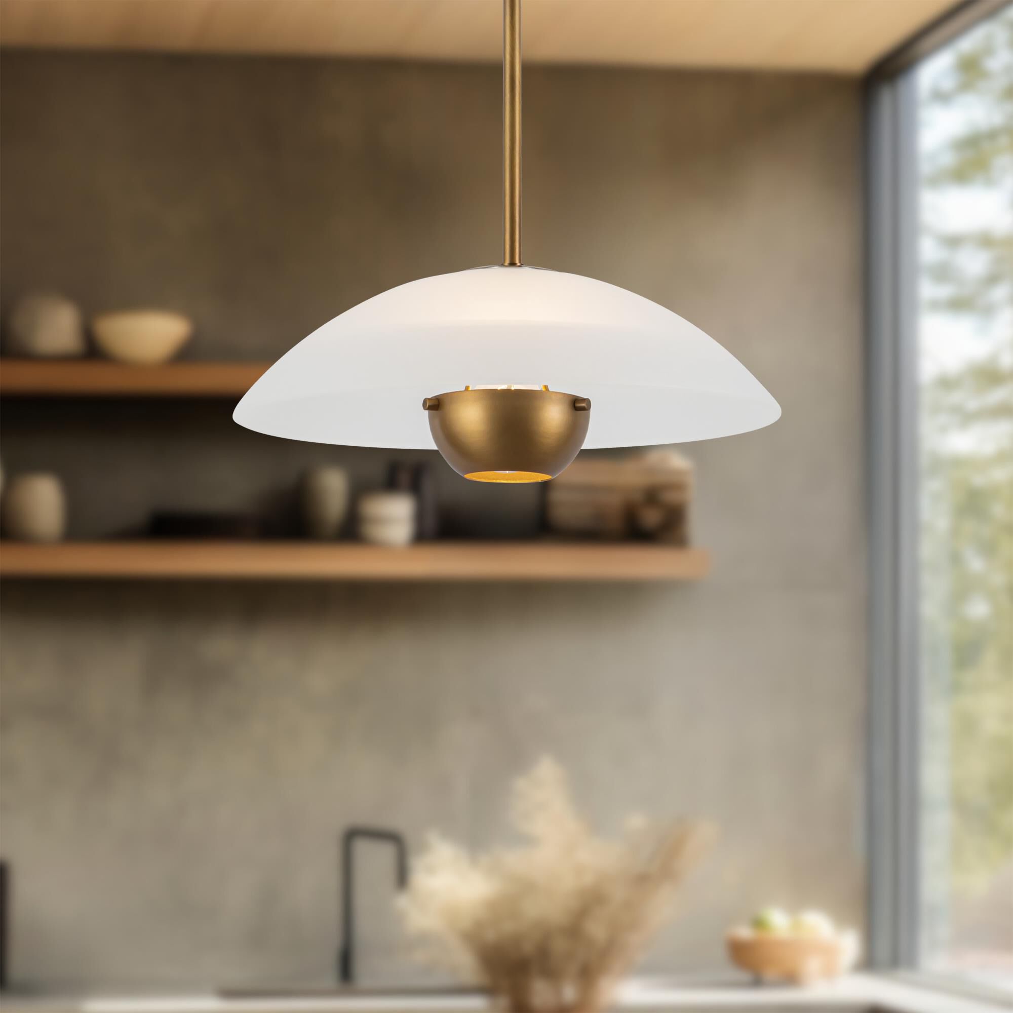 Shown in Vintage Brass finish and Matte Opal Glass shade