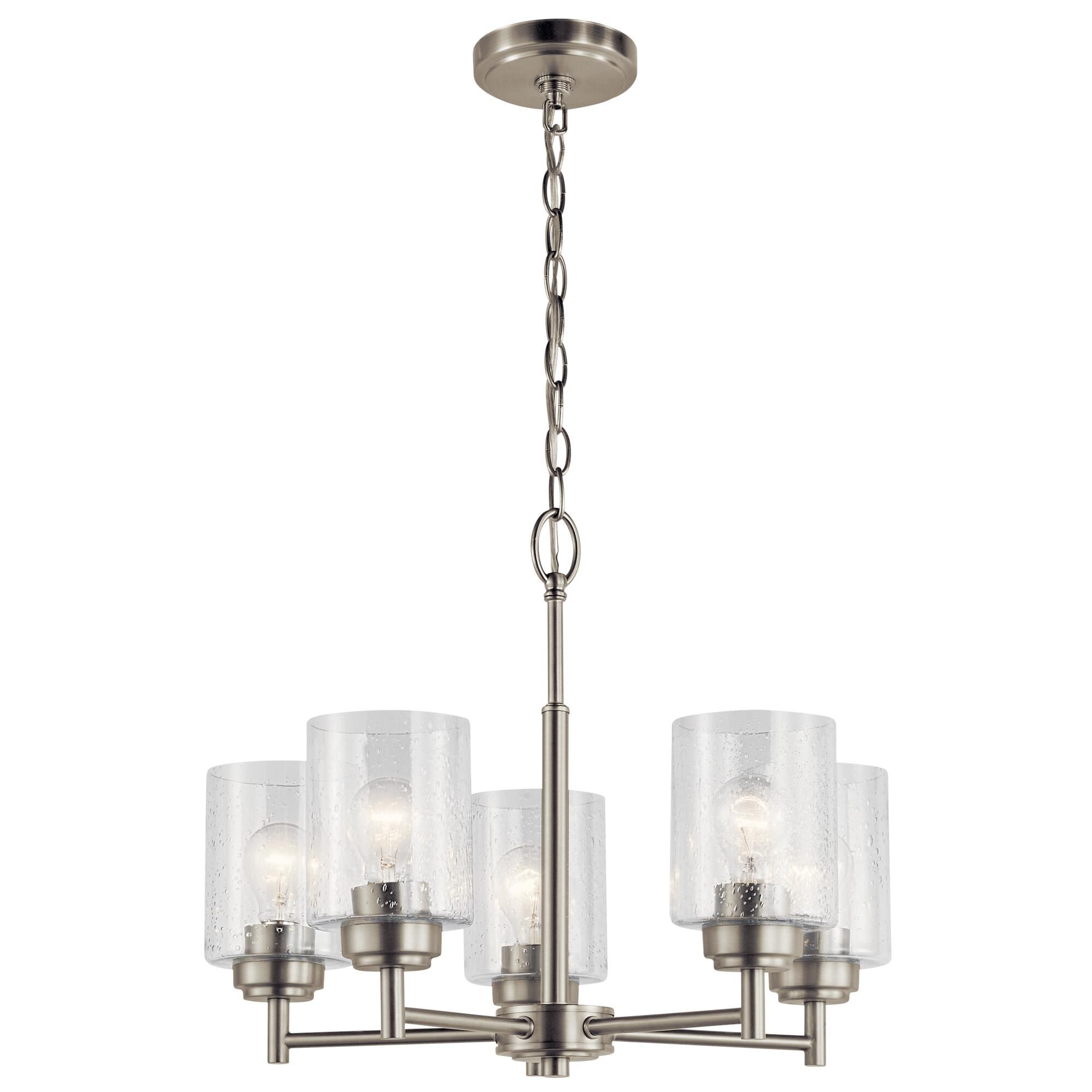 Shown in Brushed Nickel finish and Clear Seeded glass