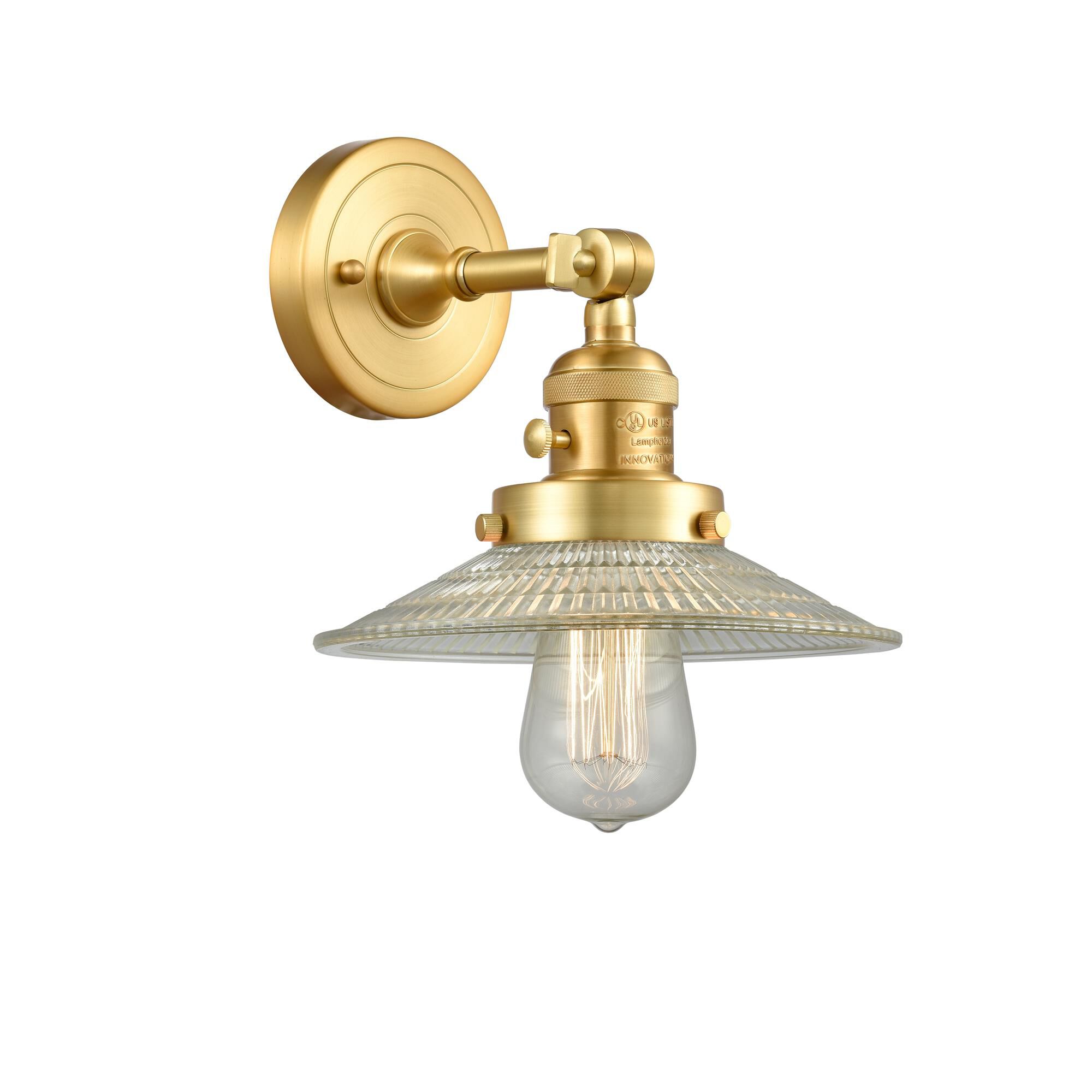 Shown in Satin Gold finish and Clear Halophane glass