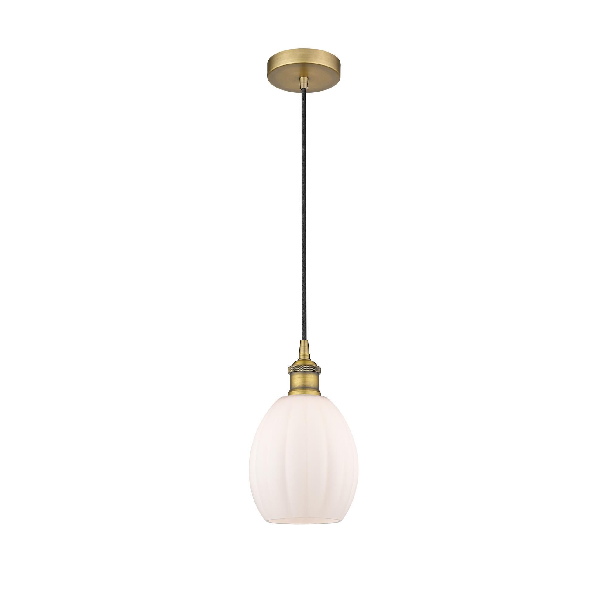 Shown in Brushed Brass finish and Matte White Eaton glass