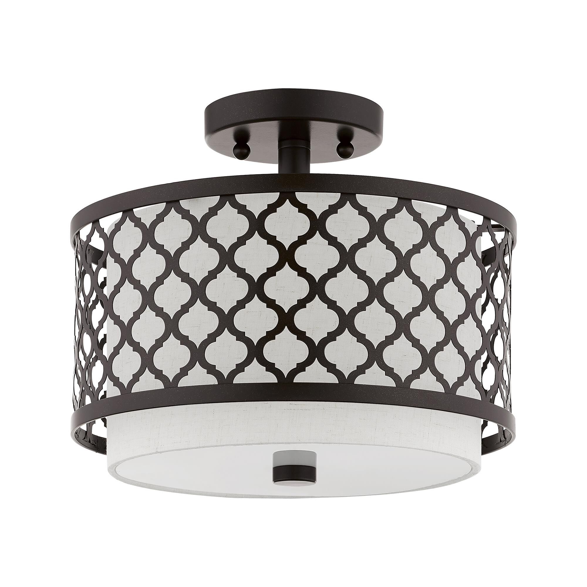 Shown in English Bronze finish and Hand Crafted Oatmeal Color Fabric Outside & White Fabric Inside Hardback shade