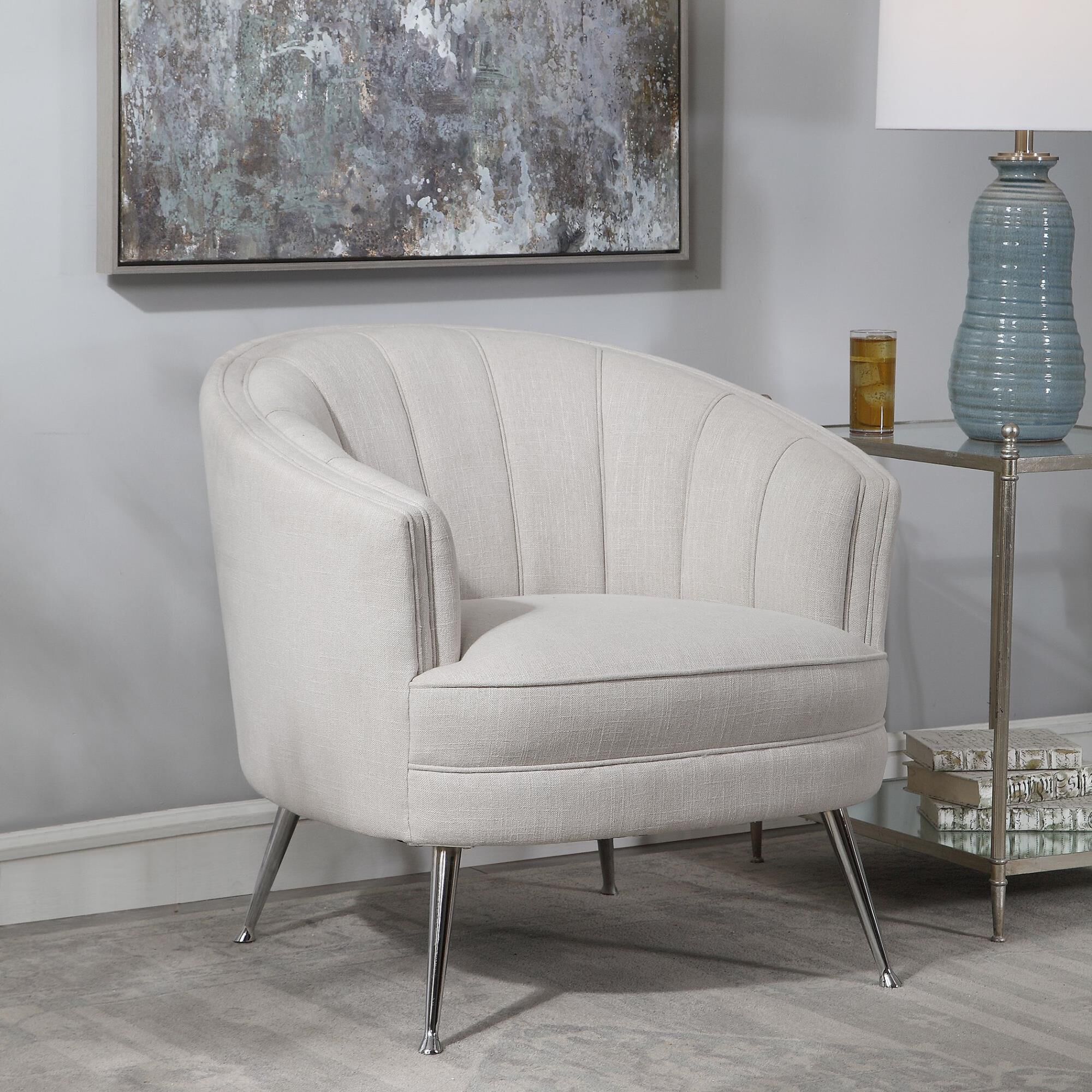 Shown in The Perfect Balance Of Retro And Modern Style, This Welt Trimmed Barrel Back Chair Is Covered In A C finish