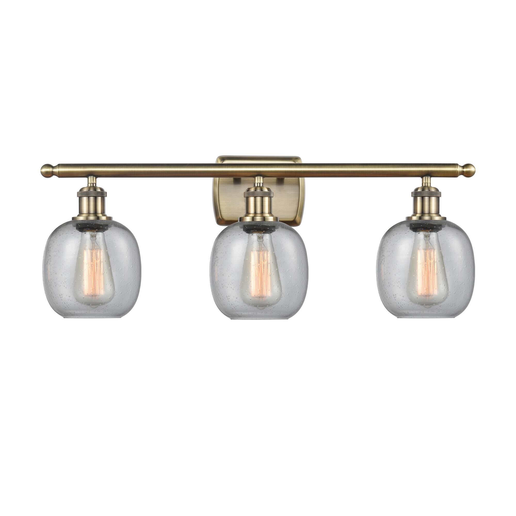 Shown in Antique Brass finish and Seedy Belfast glass and None shade
