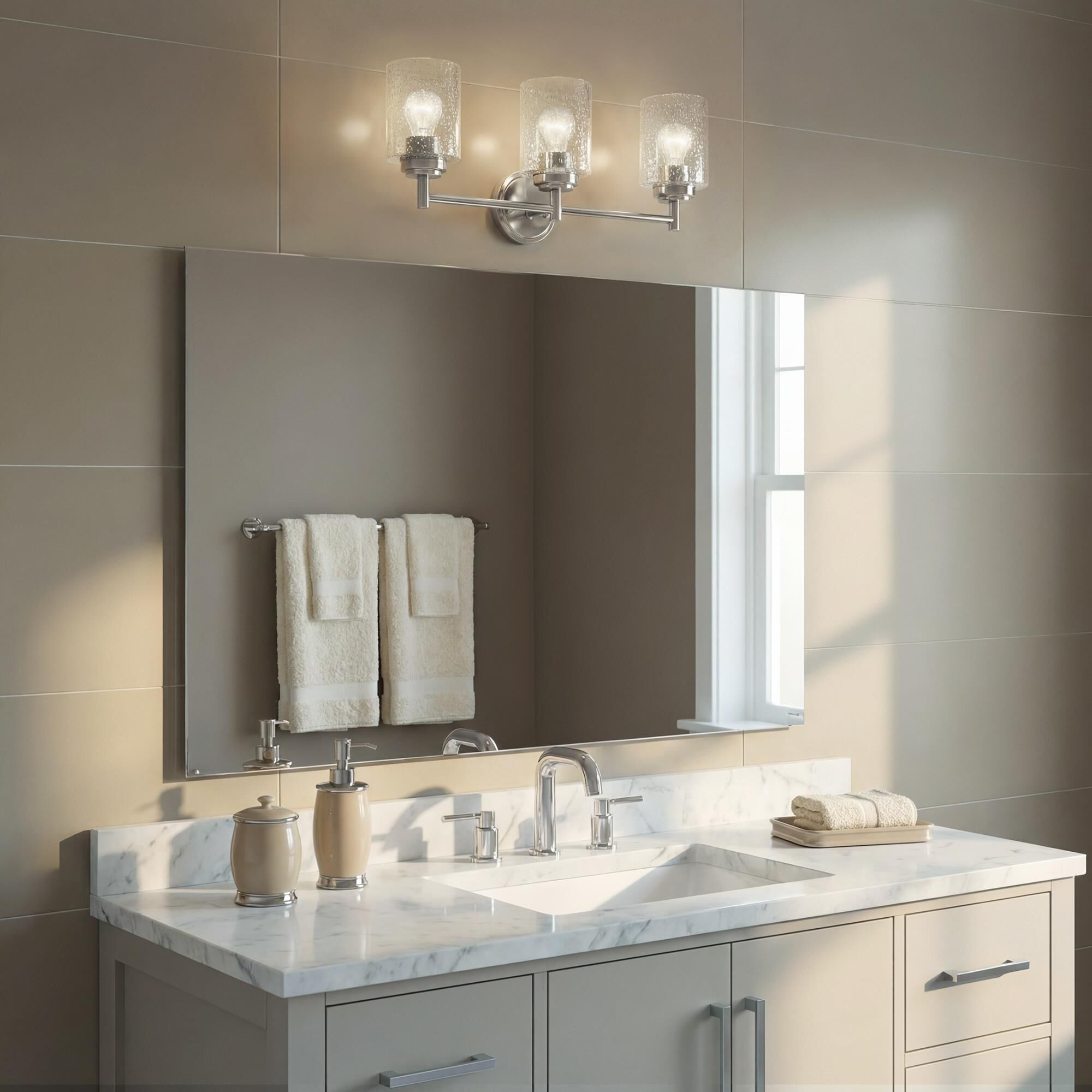 Shown in Brushed Nickel finish and Clear Seeded glass