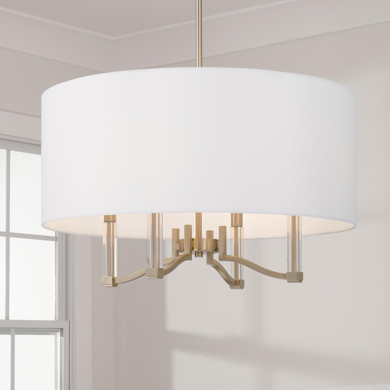 Shown in Matte Brass finish and White Fabric shade
