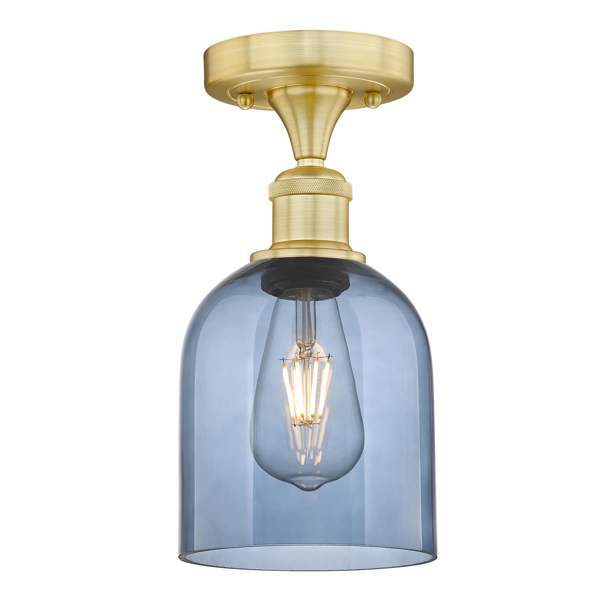 Shown in Satin Gold finish and Princess Blue glass