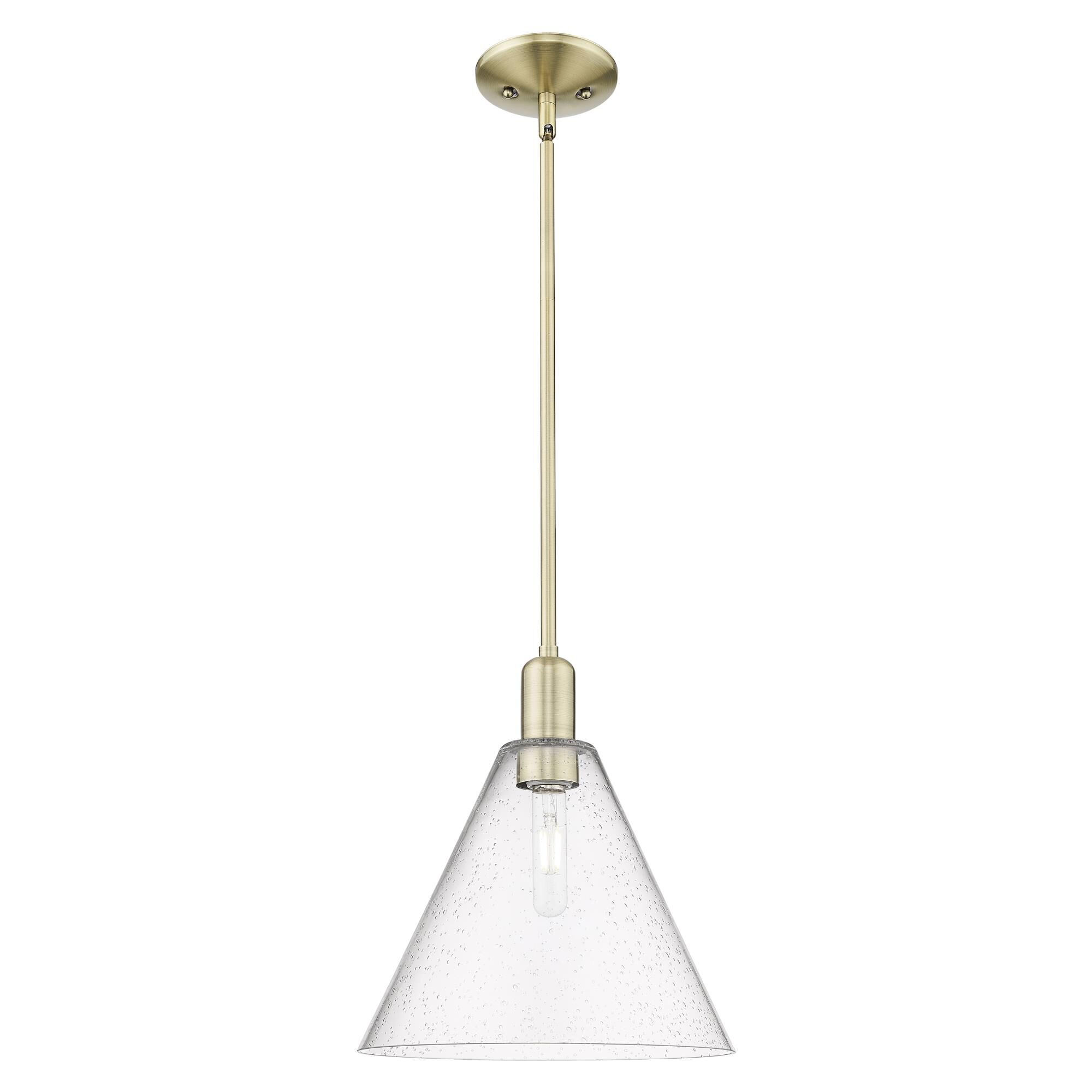 Shown in Antique Brass finish and Seedy glass