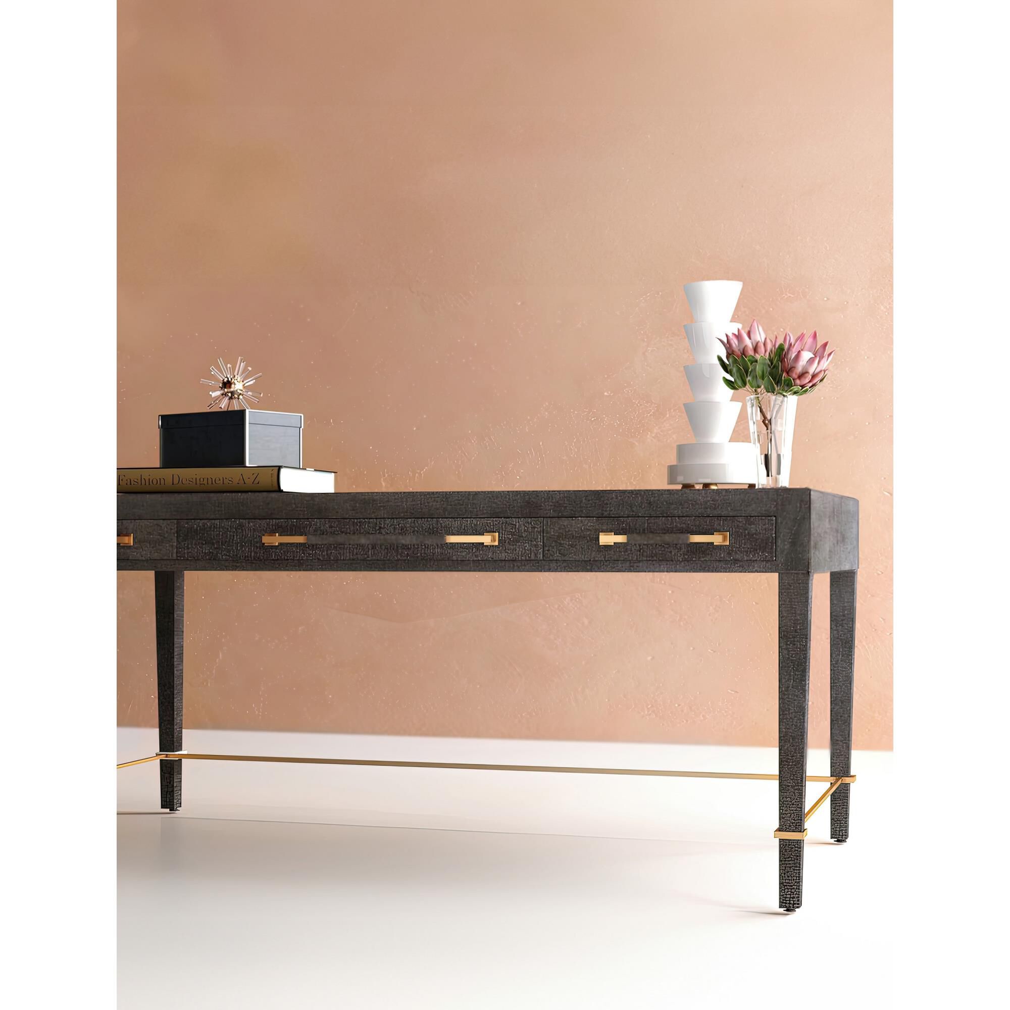 Shown in Black Lacquered Linen-Champagne Metal finish