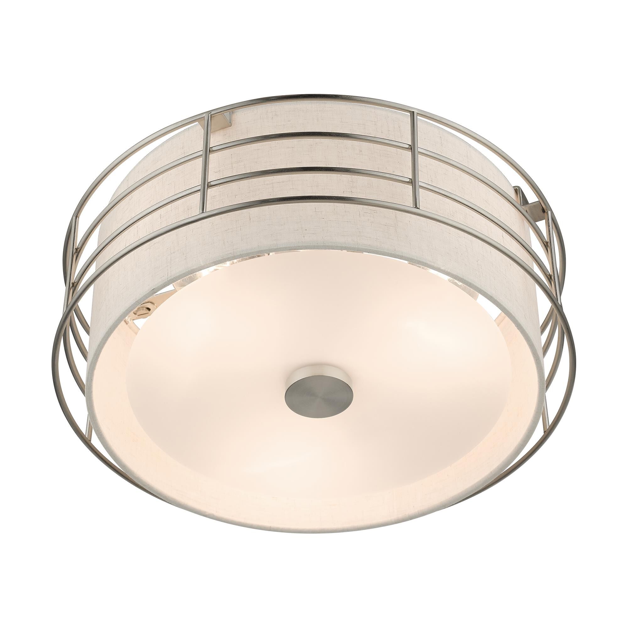 Shown in Brushed Nickel finish and Hand Crafted Oatmeal Color Hardback Fabric shade