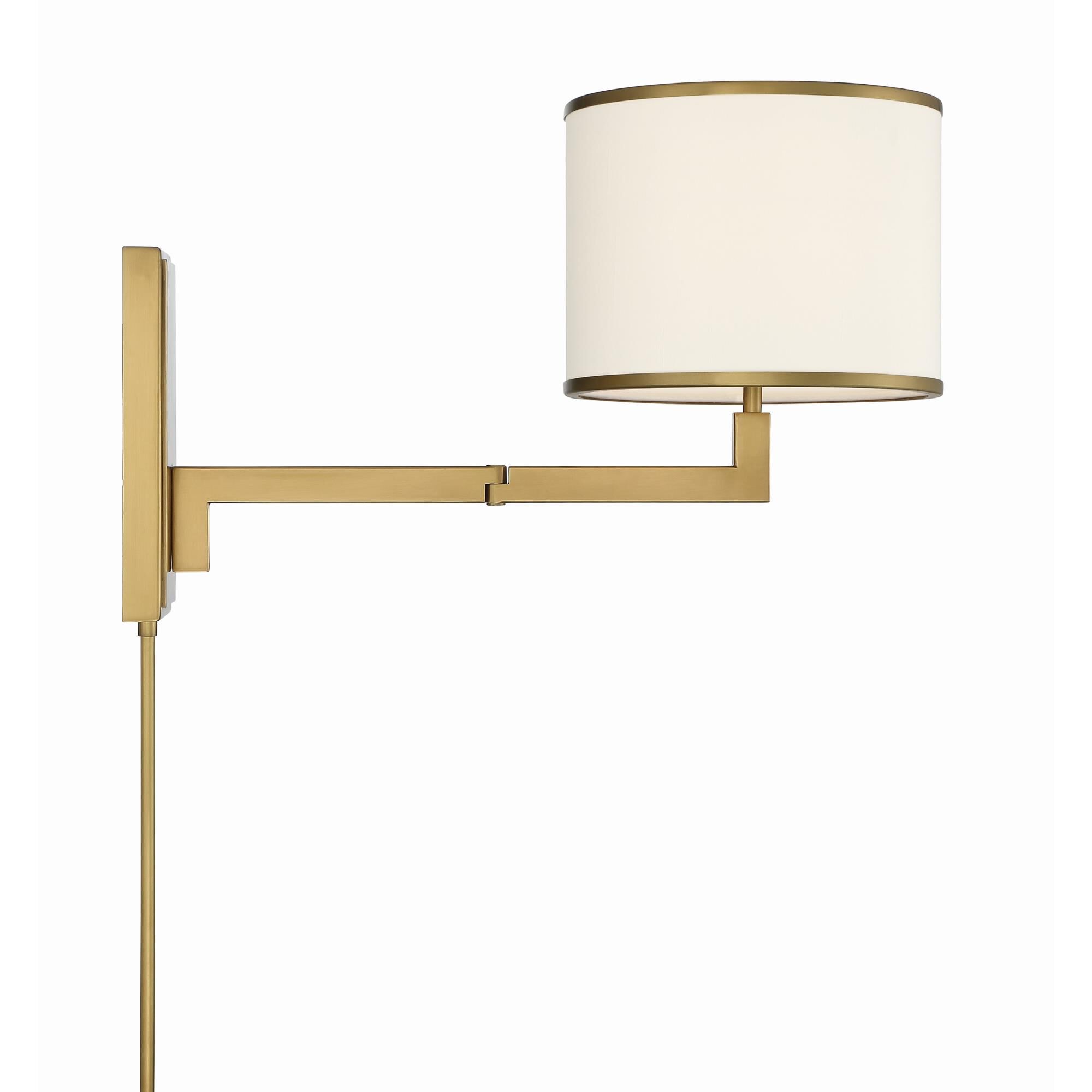 Shown in Aged Brass finish and Fabric glass and White shade