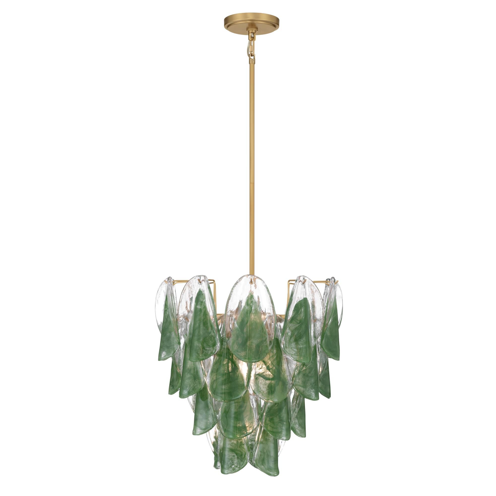 Shown in Legacy Brass finish and Green and Clear Hand-Formed glass