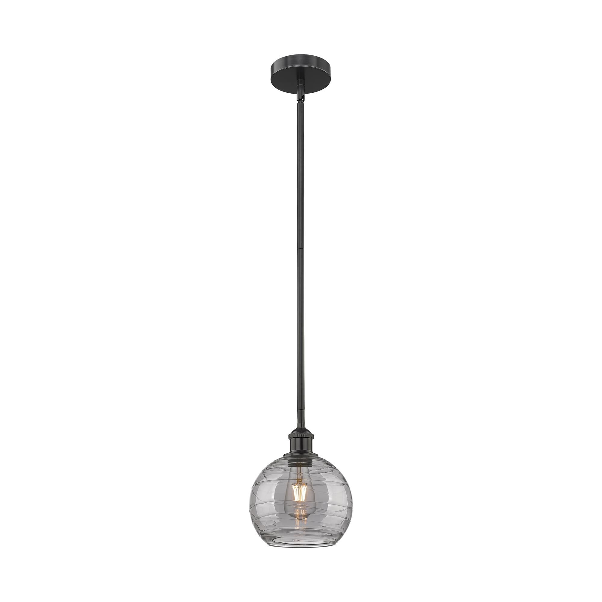 Shown in Matte Black finish and Light Smoke Deco Swirl glass