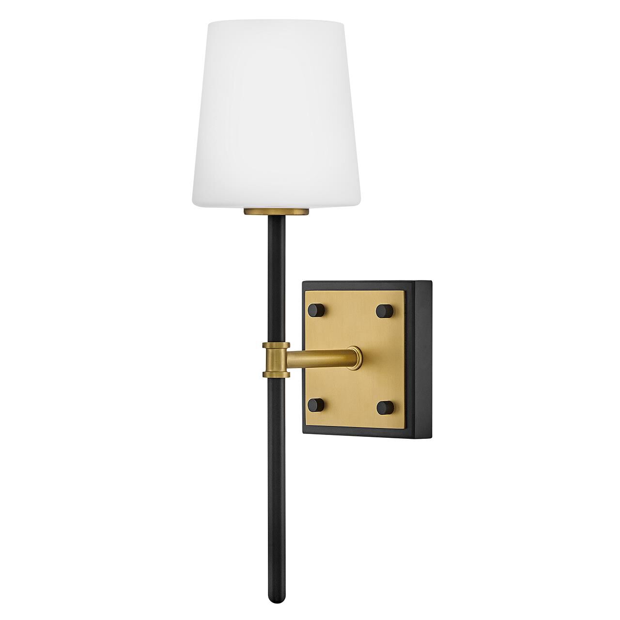 Shown in Black finish and Etched Opal glass and Lacquered Brass accent