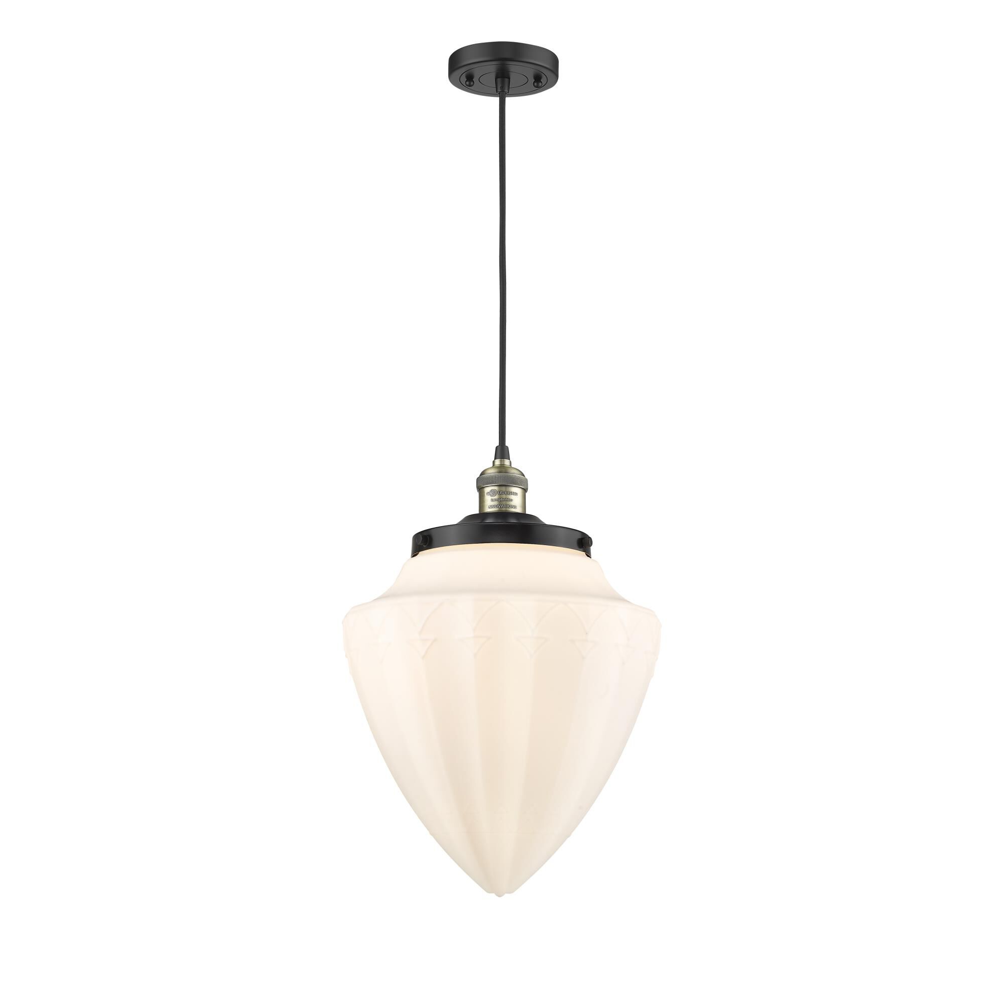 Shown in Black Antique Brass finish and Matte White glass