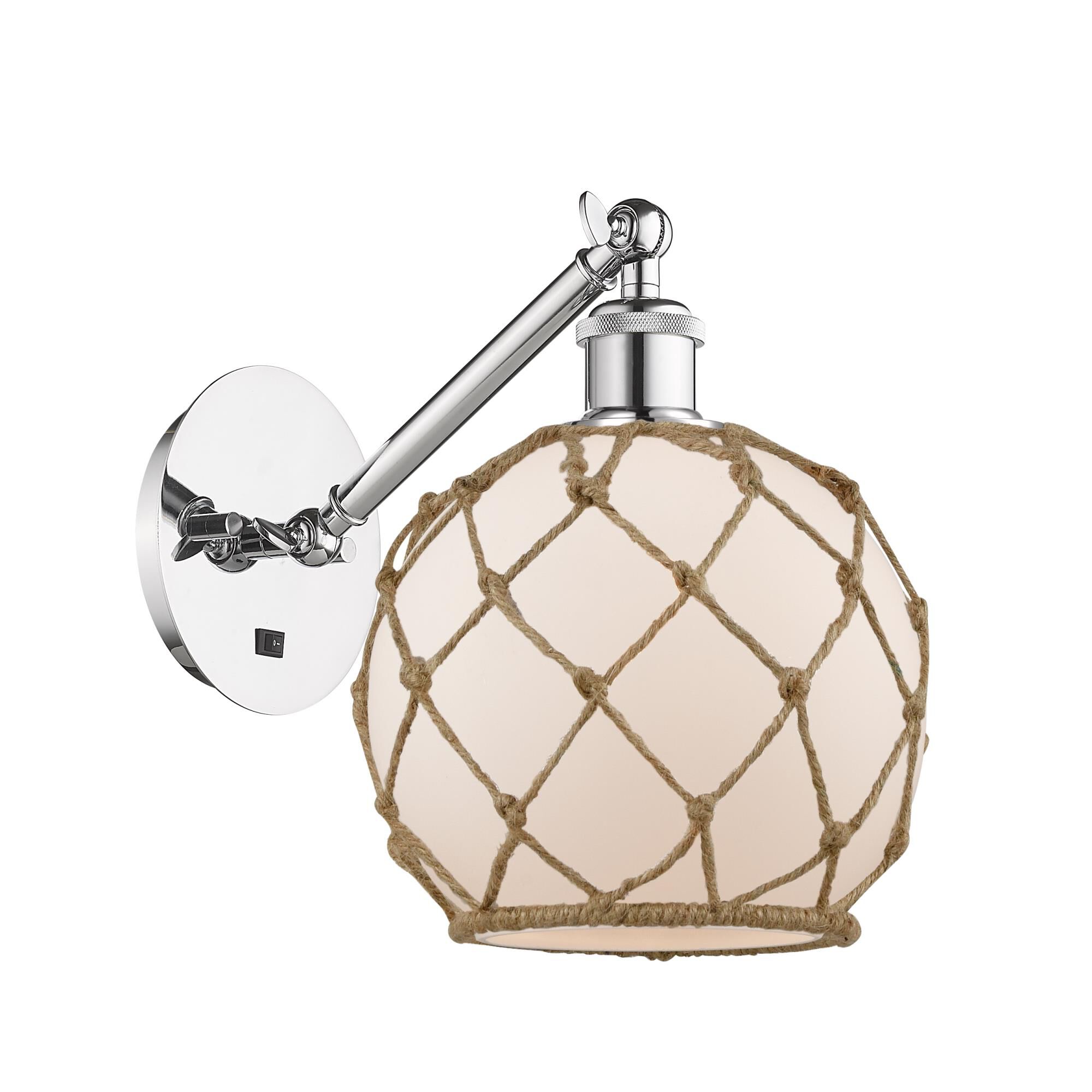 Shown in Polished Chrome finish and White Farmhouse  With Brown Rope glass