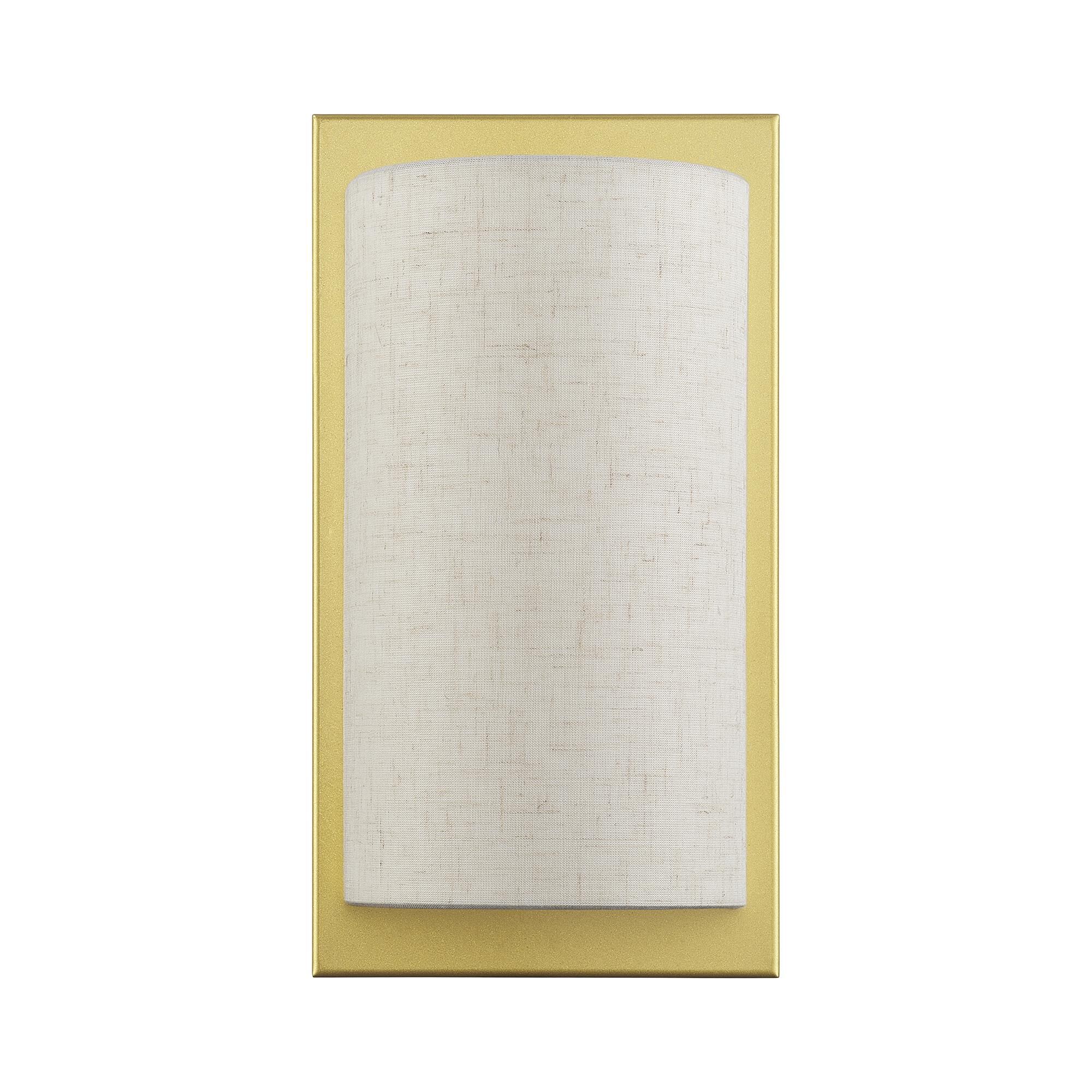 Shown in Soft Gold finish and Hand Crafted Oatmeal Color Hardback with White Fabric Inside shade