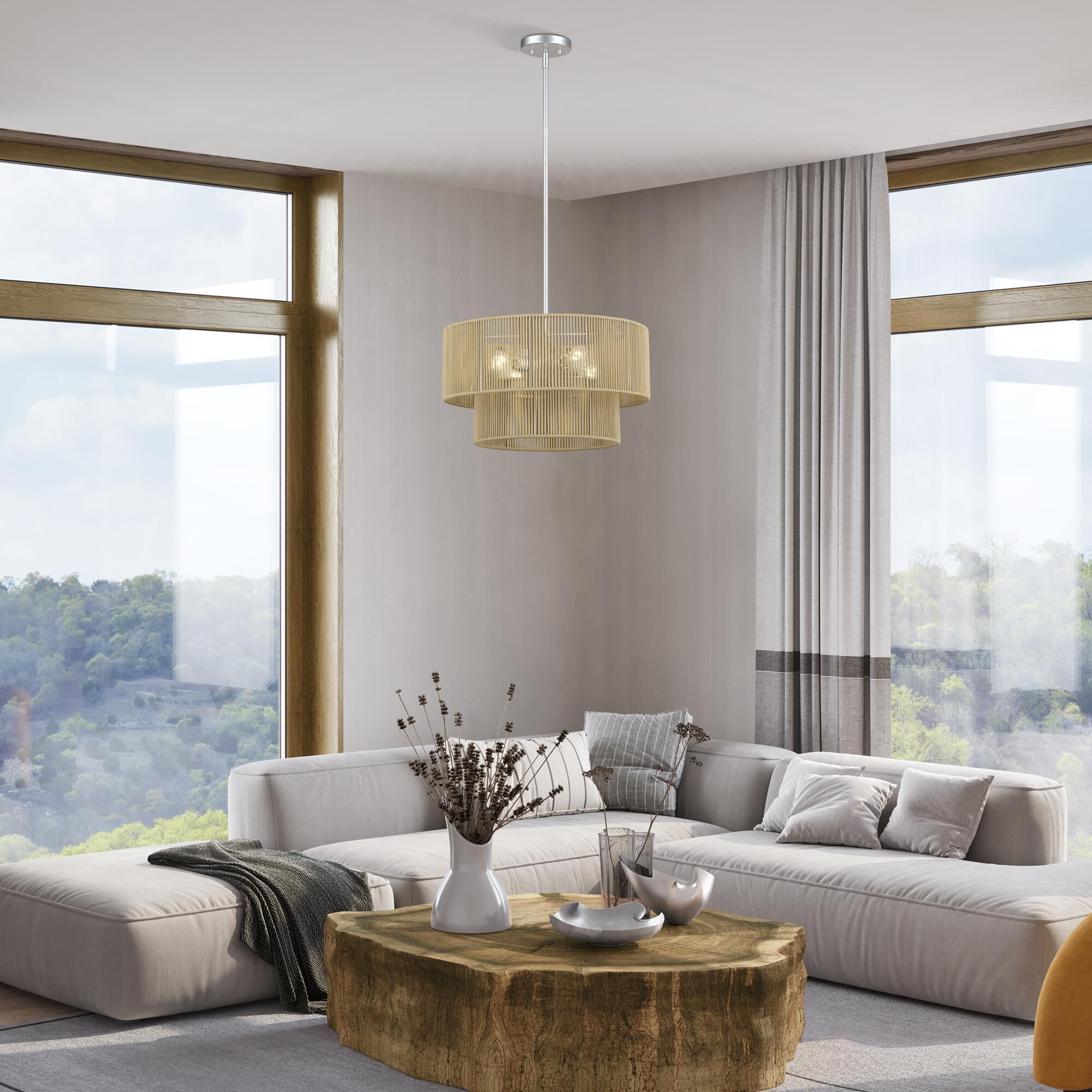 Shown in Painted Nickel finish and Hand-Woven Venetian Gold Color Polyester Rope shade