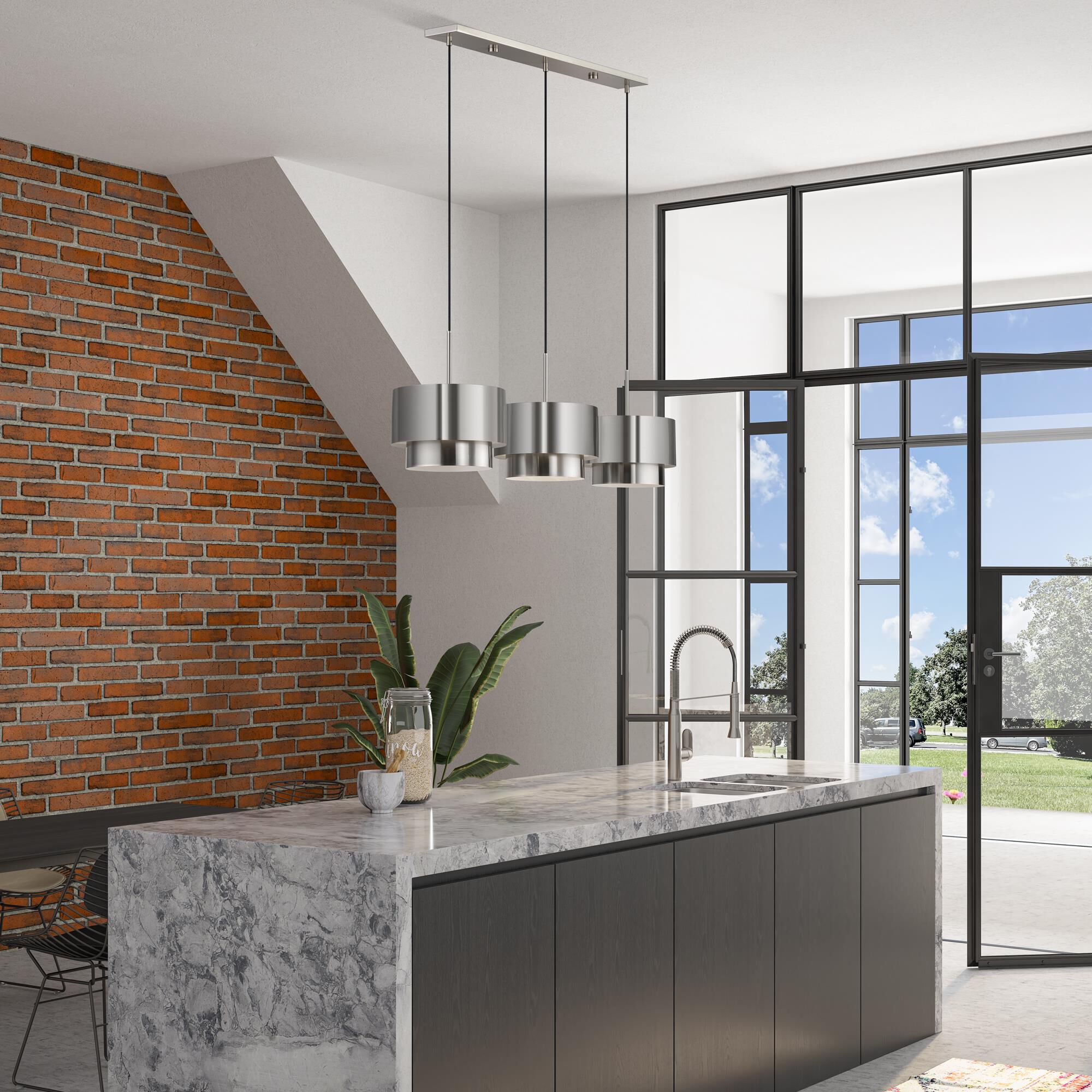 Shown in Brushed Nickel finish and Brushed Nickel Steel with Shiny White Inside shade