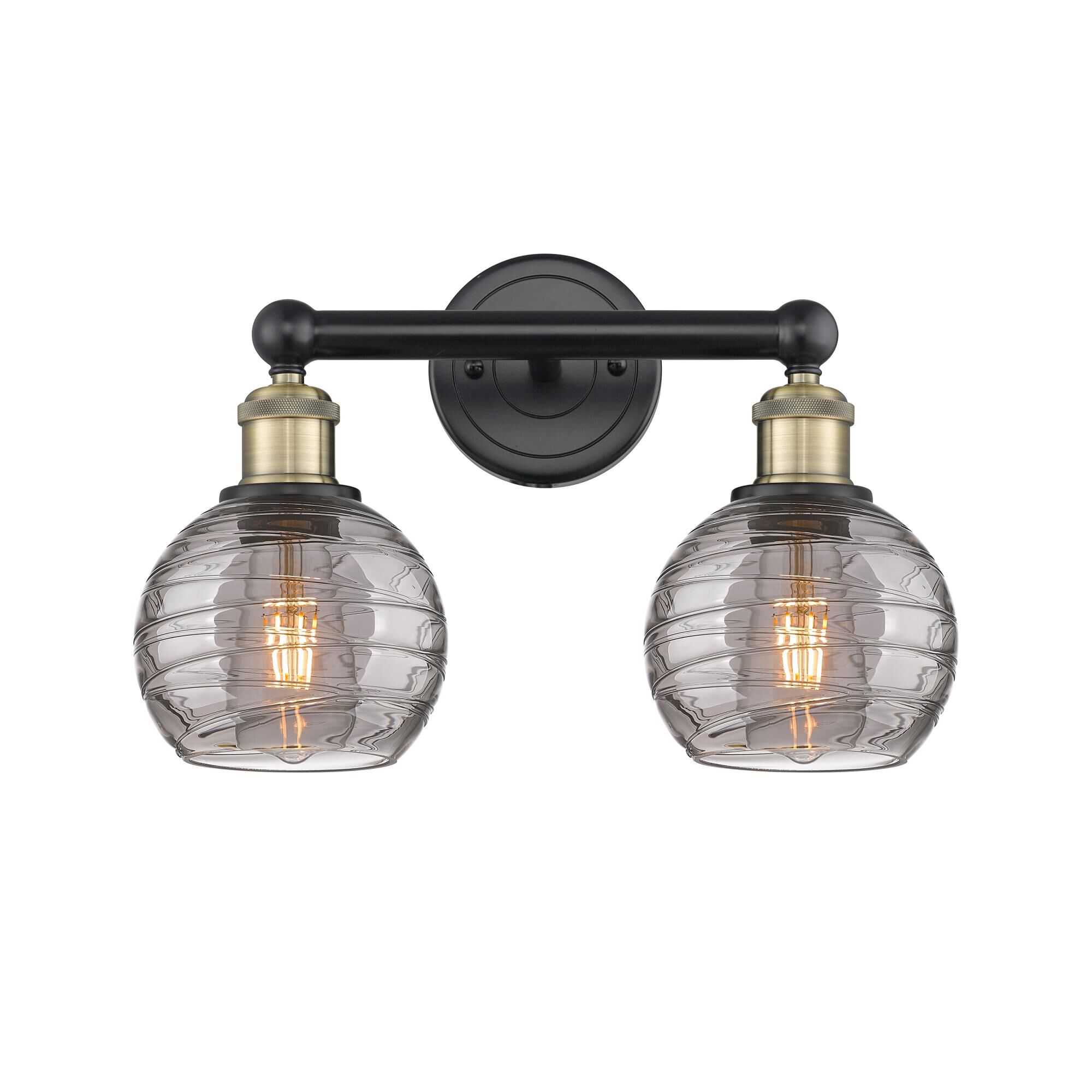Shown in Black Antique Brass finish and Light Smoke Deco Swirl glass
