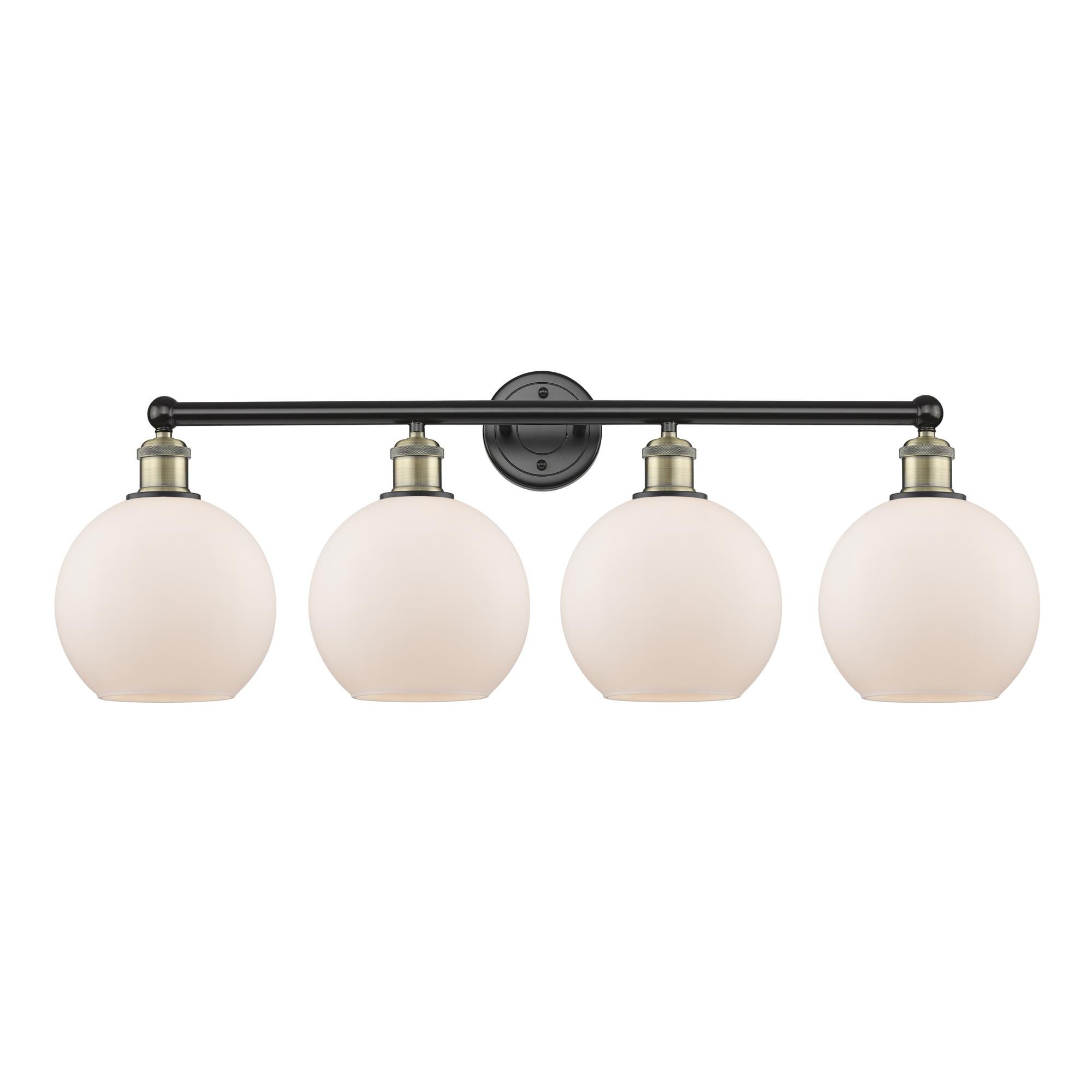 Shown in Black Antique Brass finish and Matte White glass