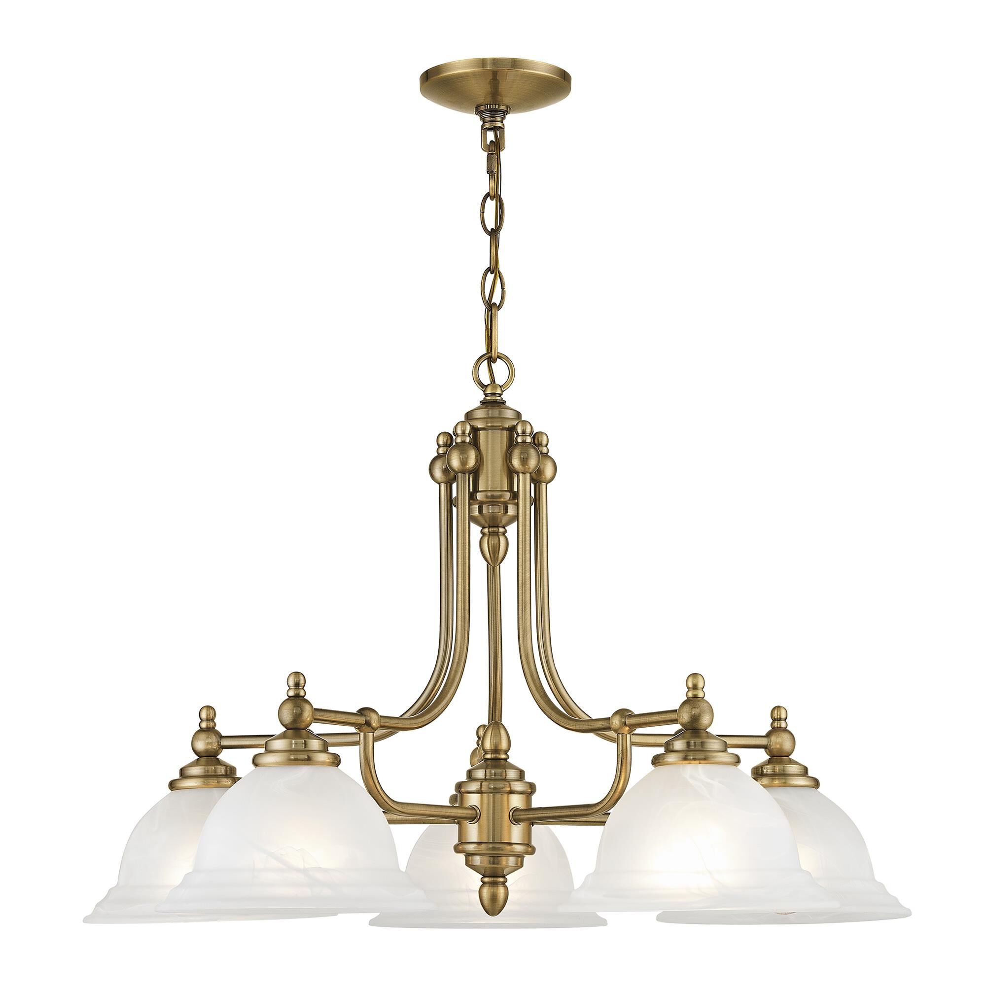 Shown in Antique Brass finish and White Alabaster glass