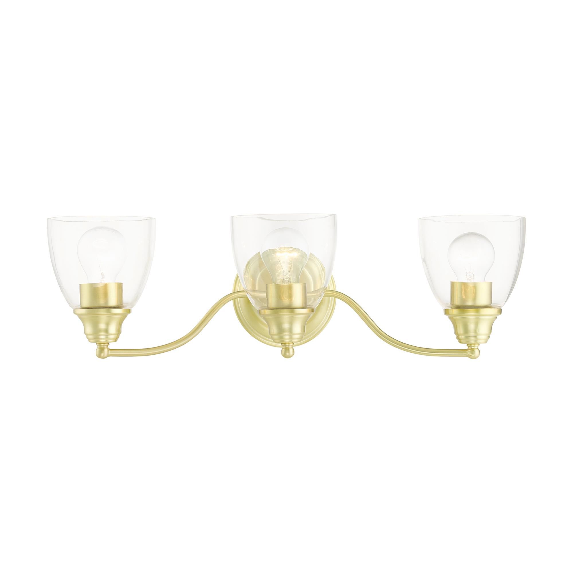 Shown in Satin Brass finish and Hand Blown Clear glass