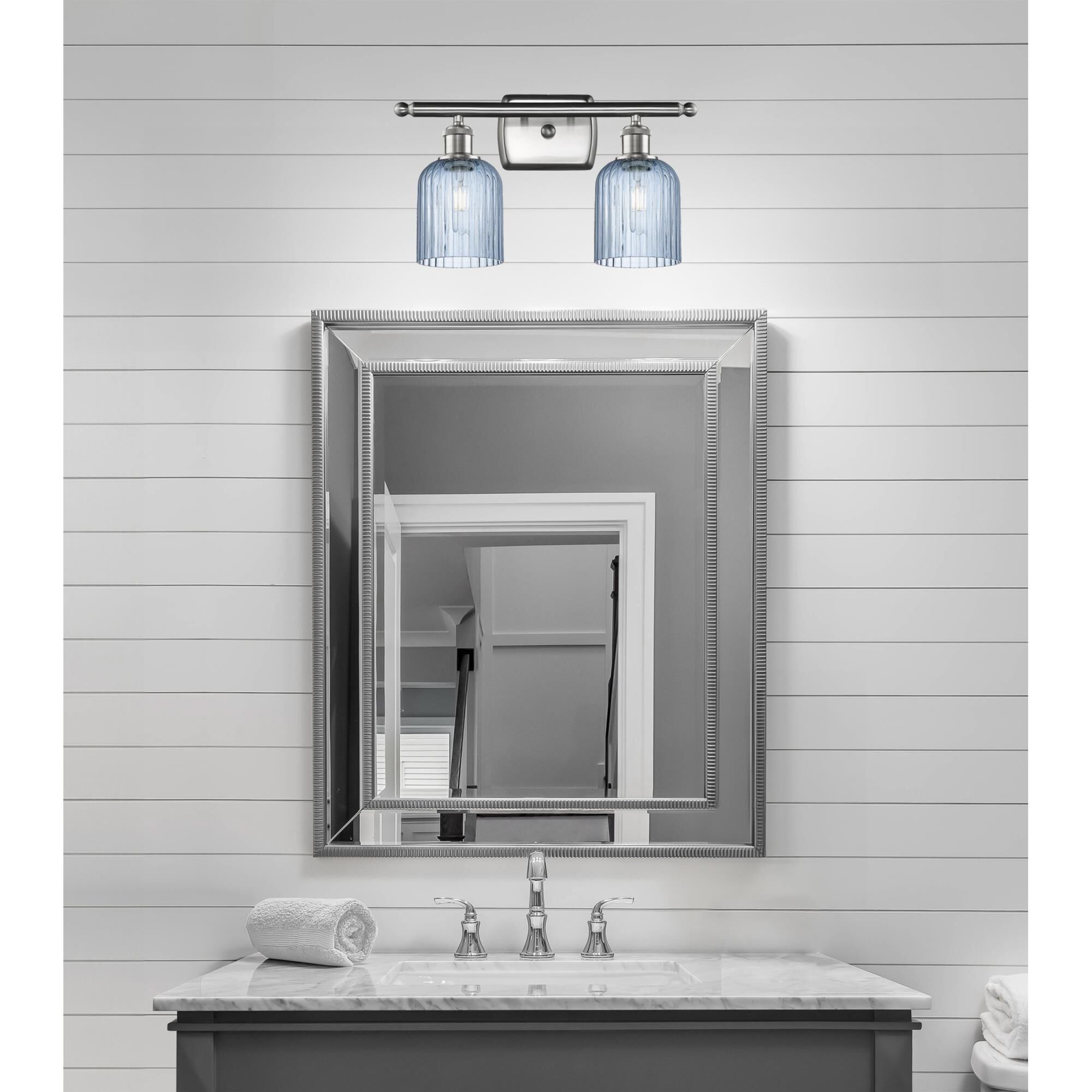 Shown in Satin Nickel finish and Princess Blue glass